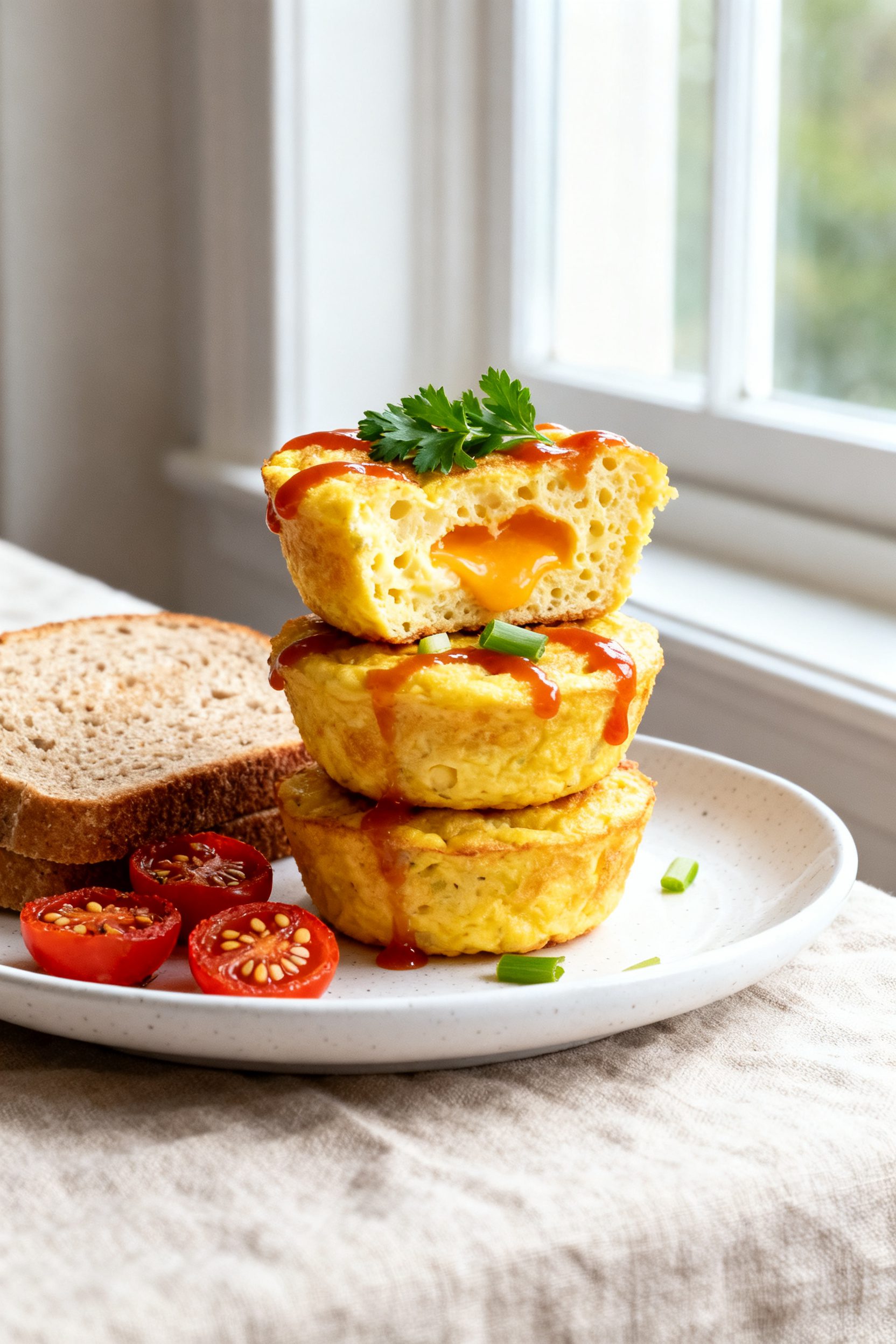 Final plated presentation: Café-style plate of three golden, fluffy egg bites stacked with a slight