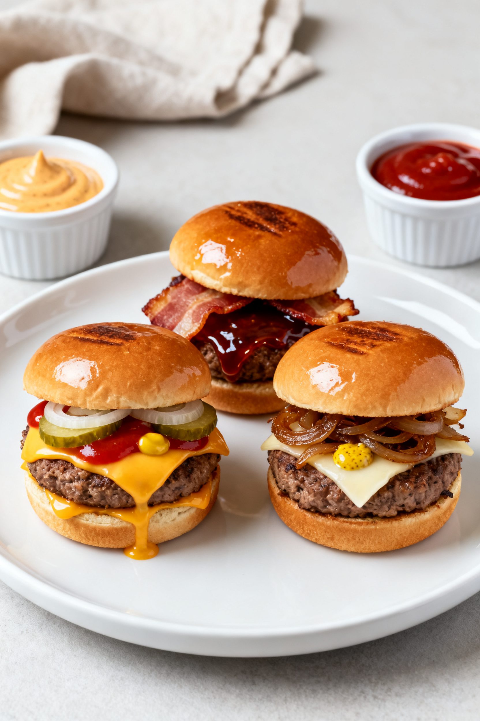 Final plated presentation of a trio of mini cheeseburgers on a matte white plate: one classic with c