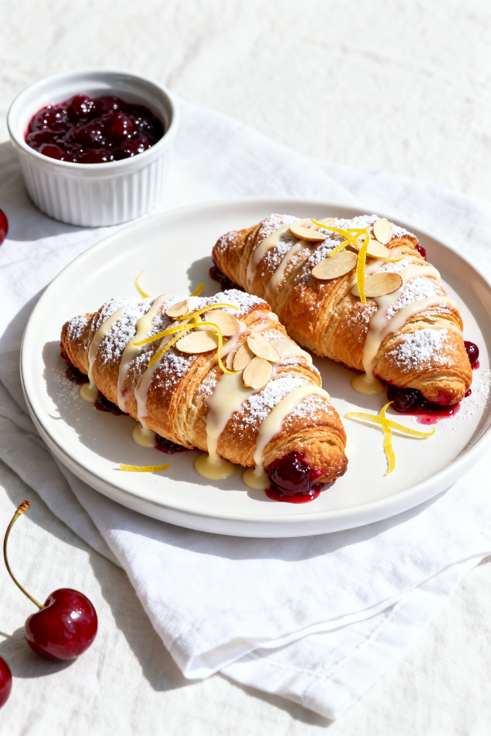 Final plated presentation of Air Fryer Cherry Croissants on a matte white plate: two croissants dust