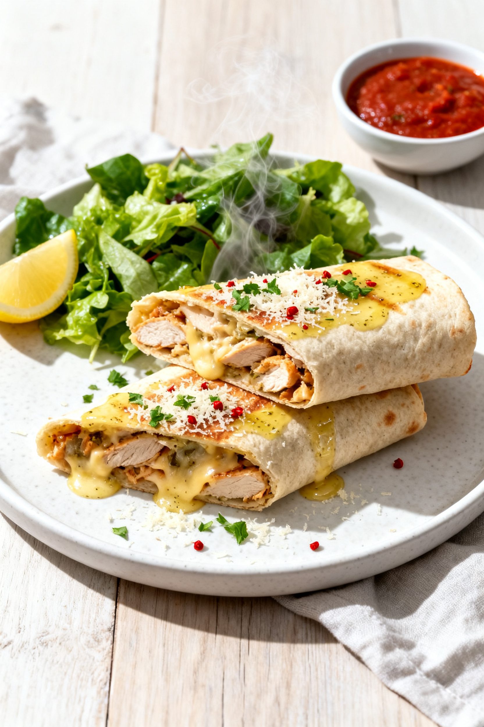Final plated presentation of Cheesy Garlic Chicken Wraps halved and stacked on a matte white plate w