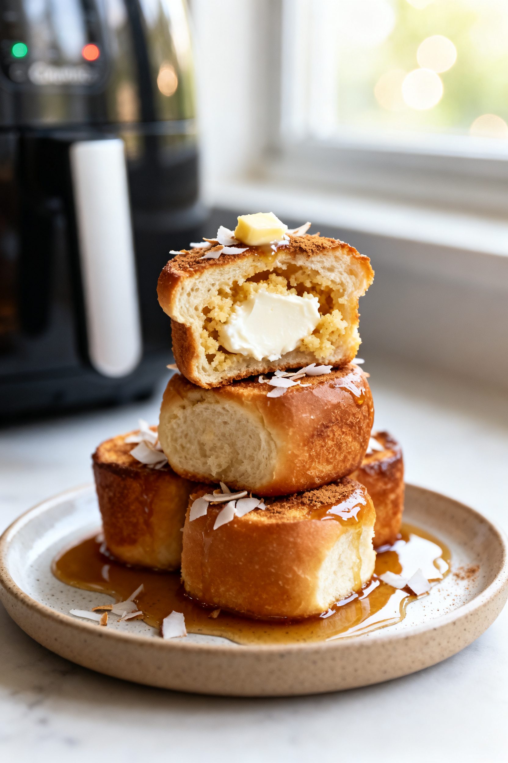 Final plated presentation of stuffed French toast bites (cream cheese filling) made from individual 