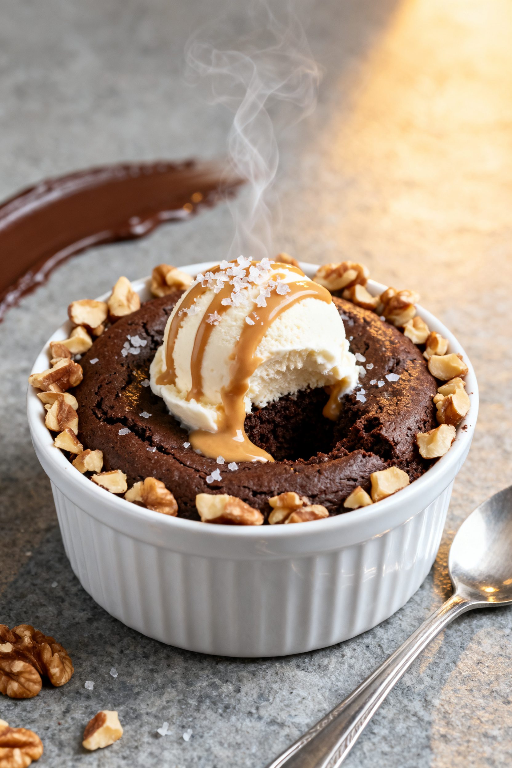 Final plated presentation of the air fryer brownie served warm in the ramekin, topped with a small s