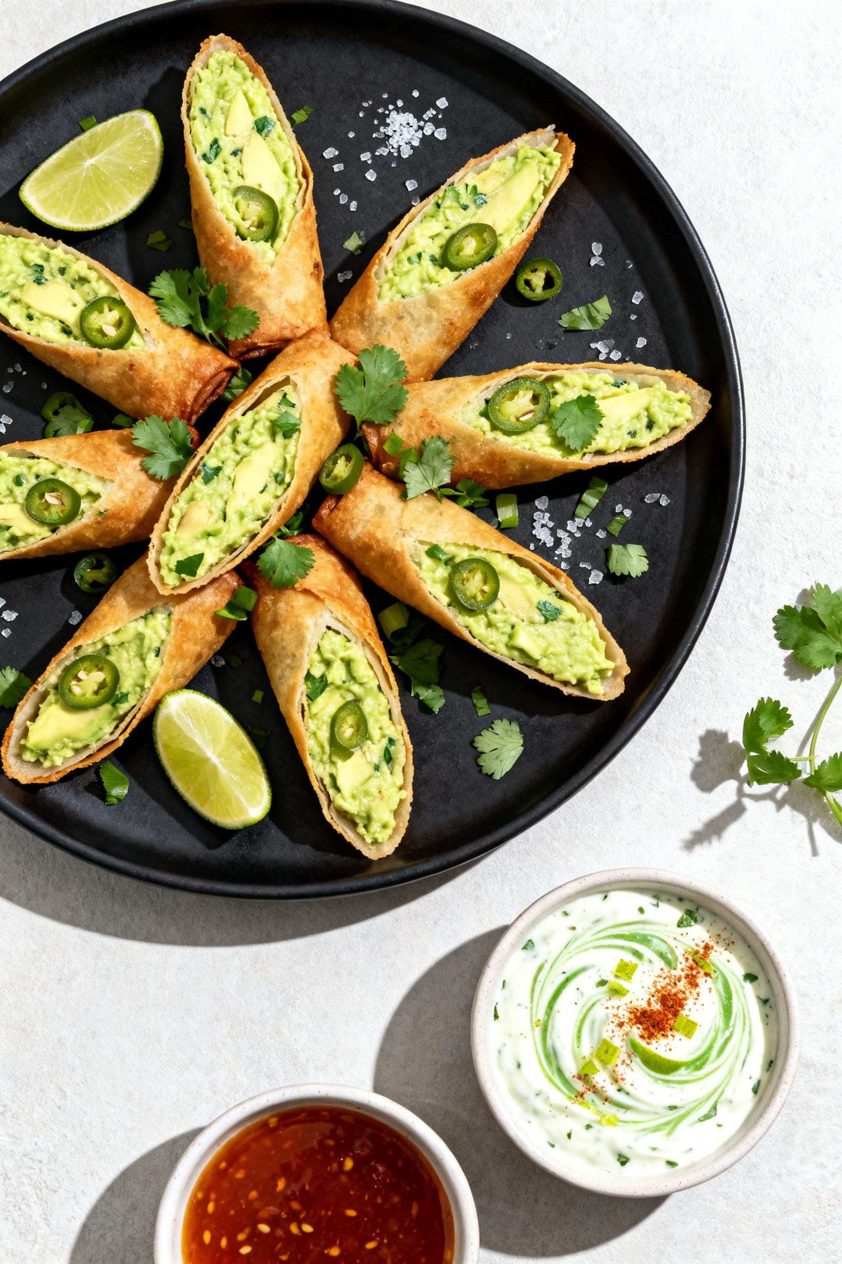 Final plated presentation: Restaurant-quality arrangement of avocado egg rolls on a matte black plat