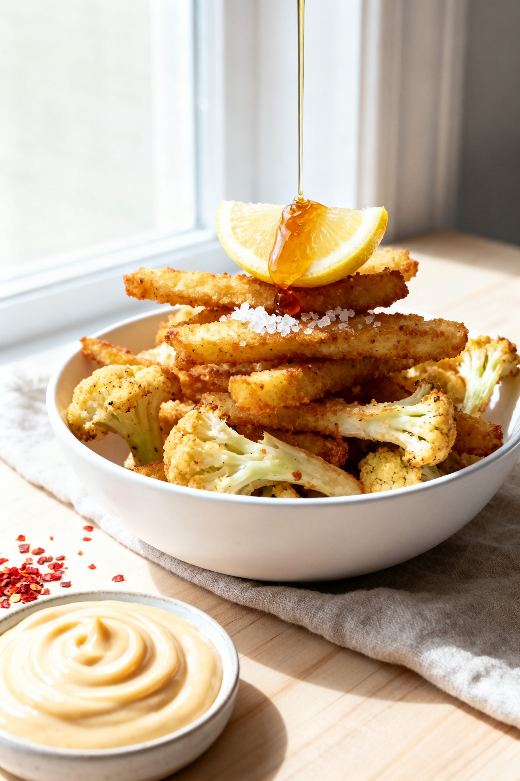 Final plated presentation: Restaurant-quality plate of cauliflower fries stacked fry-style in a shal