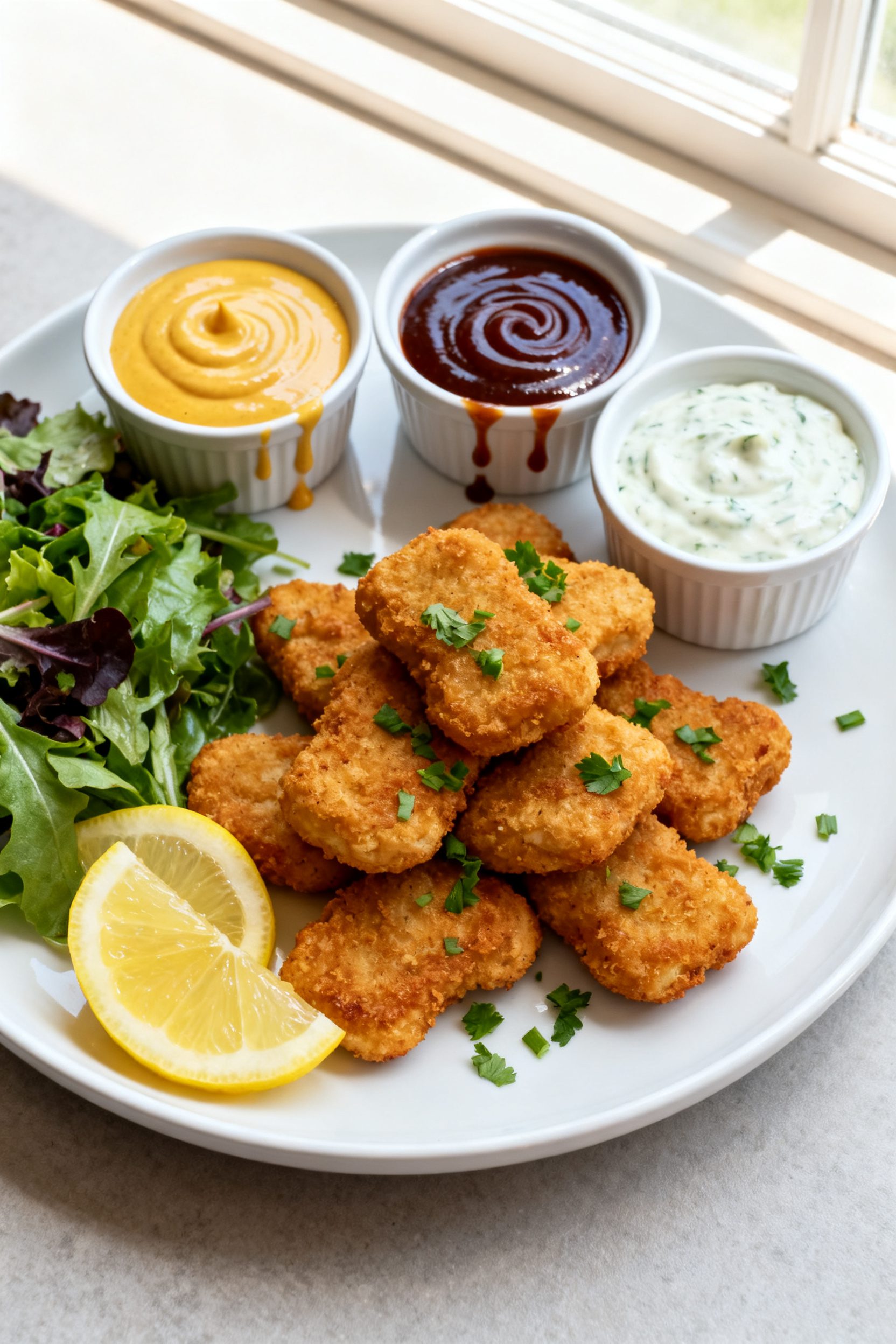 Final plated presentation: Restaurant-quality plate of no-breading air fryer chicken nuggets stacked