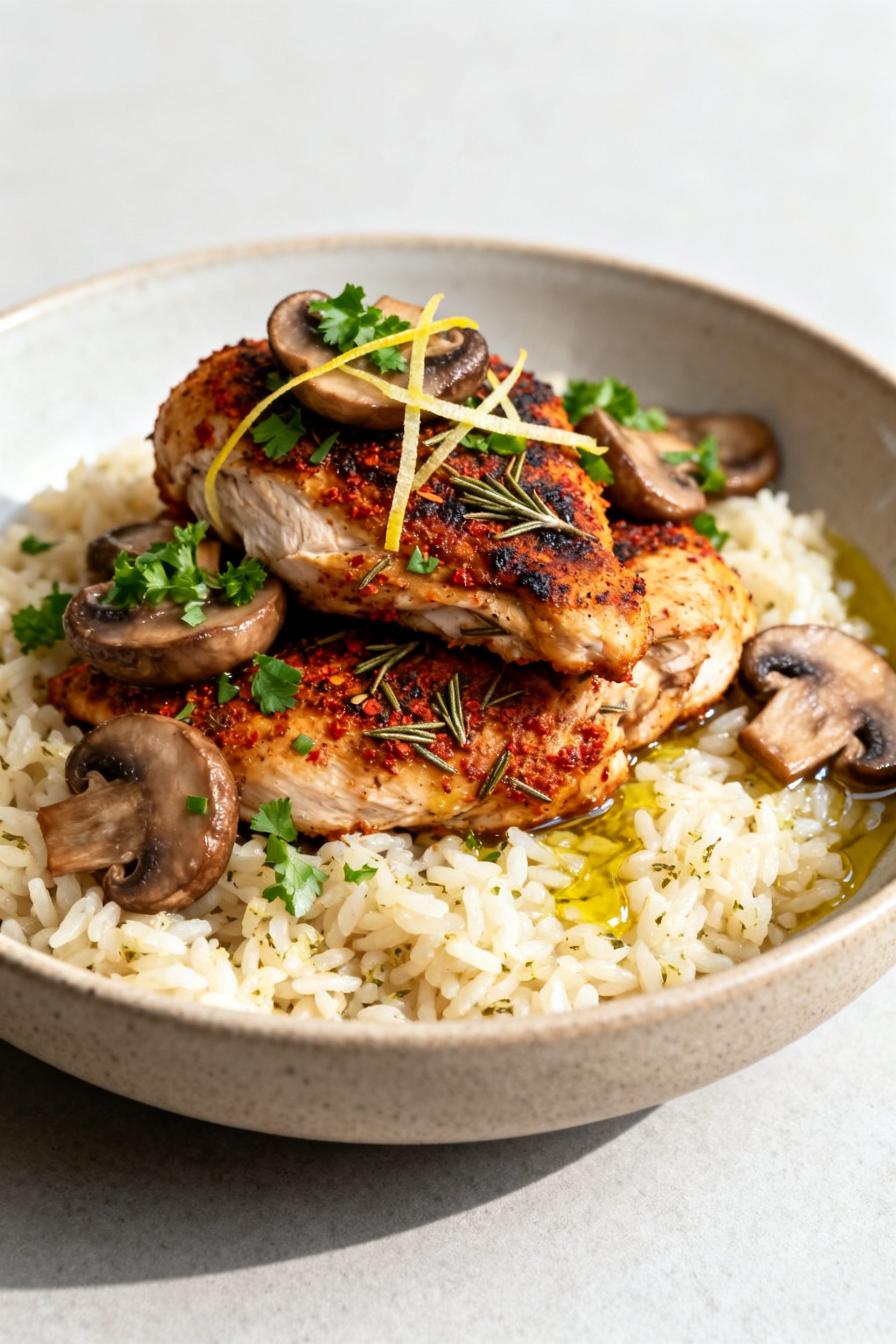Final plated presentation: Restaurant-quality plate of air fryer chicken and mushrooms served over f