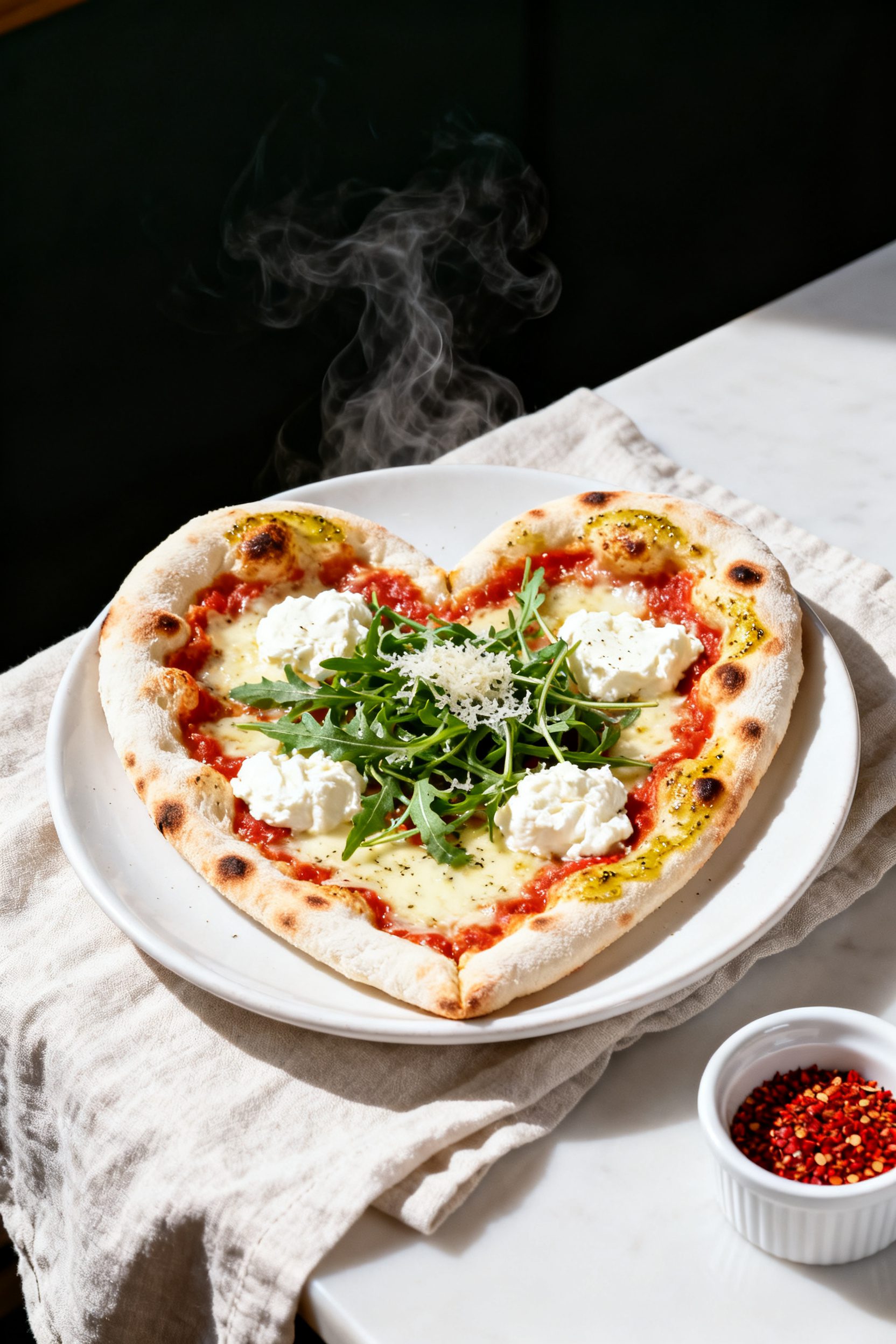Final plated presentation: Restaurant-quality plate-up of a white pizza variation—heart-shaped cru