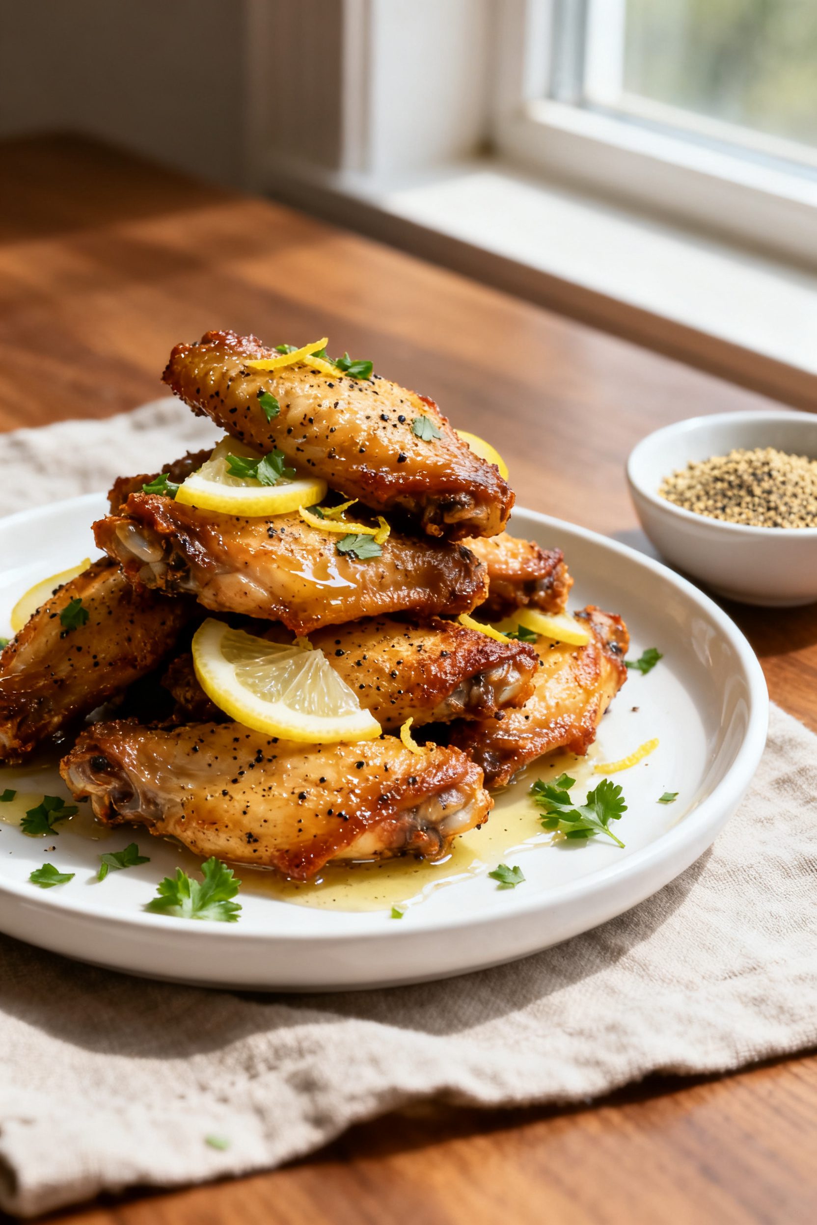 Final plated presentation: Restaurant-quality plate of dry-rubbed lemon pepper wings stacked on a wh