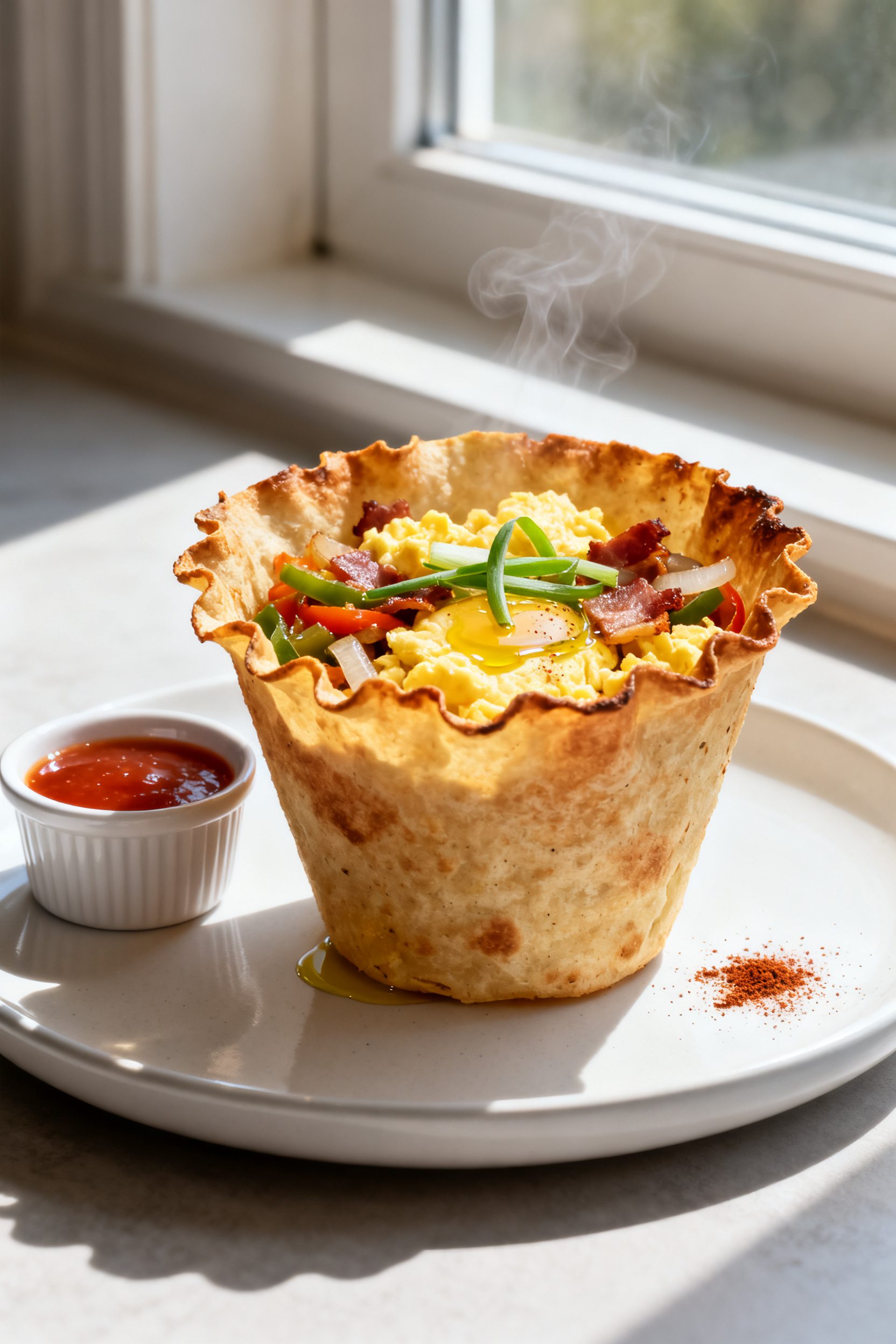 Final plated presentation: Restaurant-quality plating of the Air Fryer Egg Tortilla Bowl unmolded on