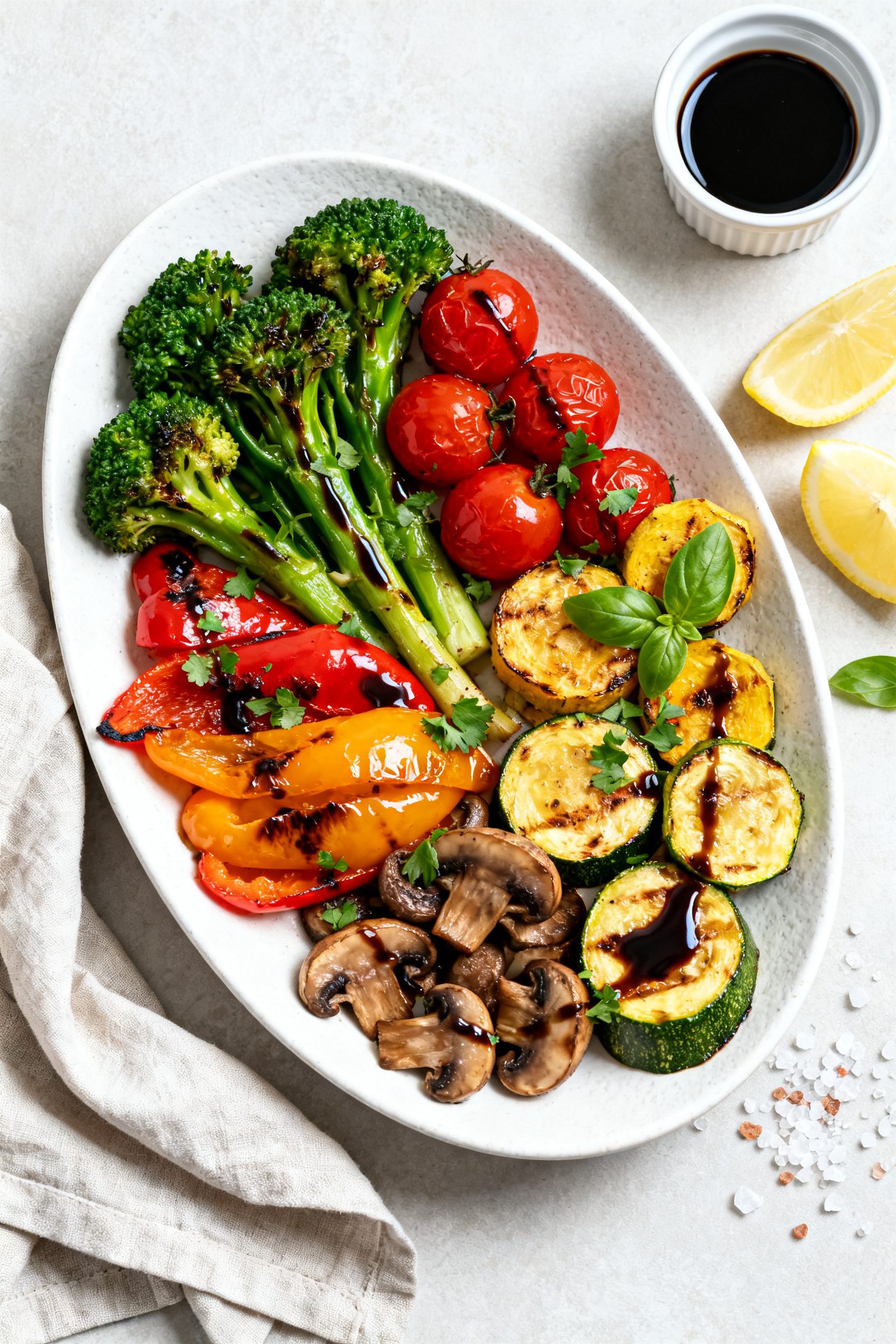 Final plated presentation: Restaurant-quality platter of air fryer grilled veggies arranged by color
