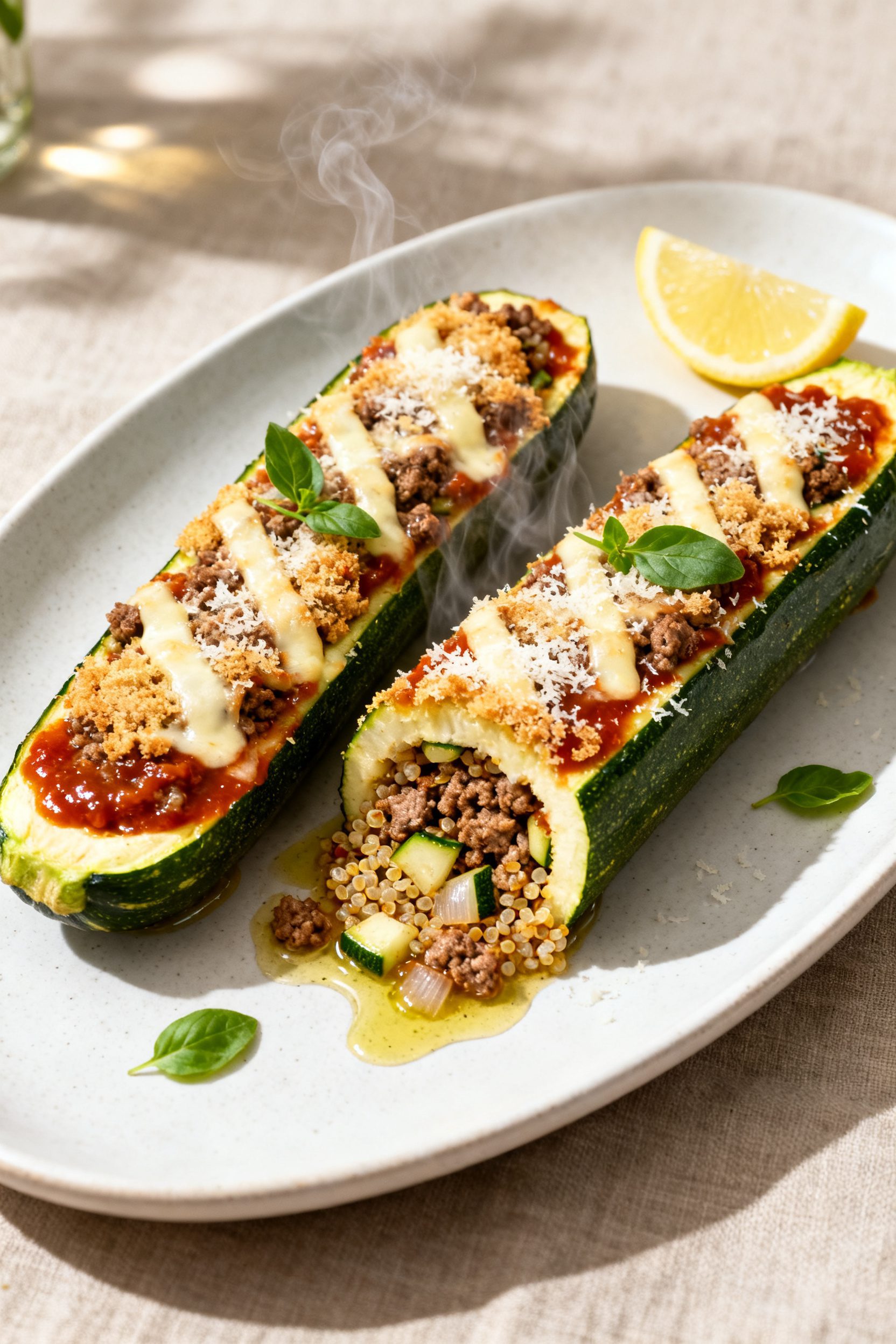 Final plated presentation: Restaurant-quality plate of two stuffed zucchini boats set on a matte whi