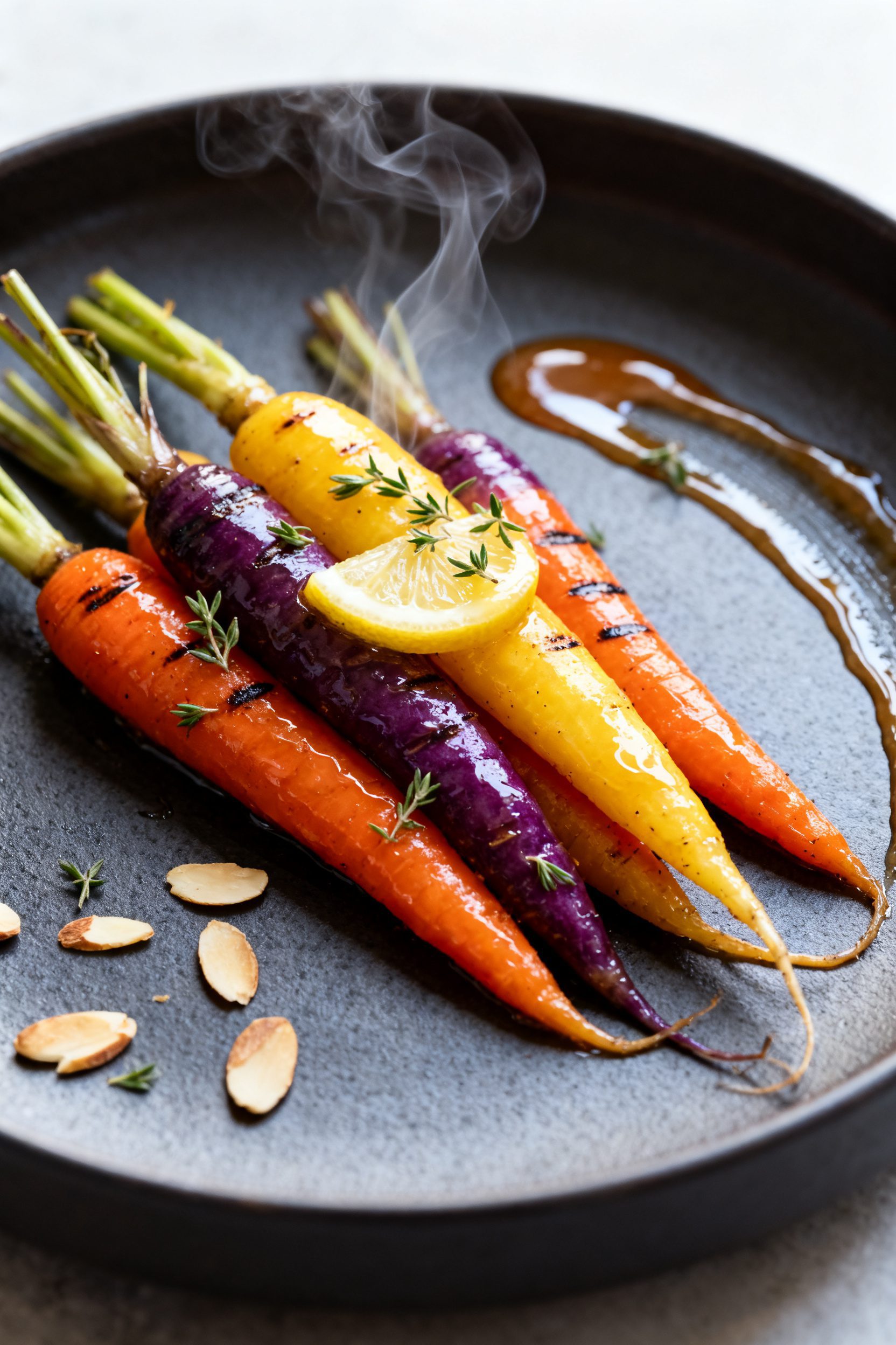 Final plated presentation: Restaurant-style plate of glazed rainbow carrots (orange, yellow, and pur