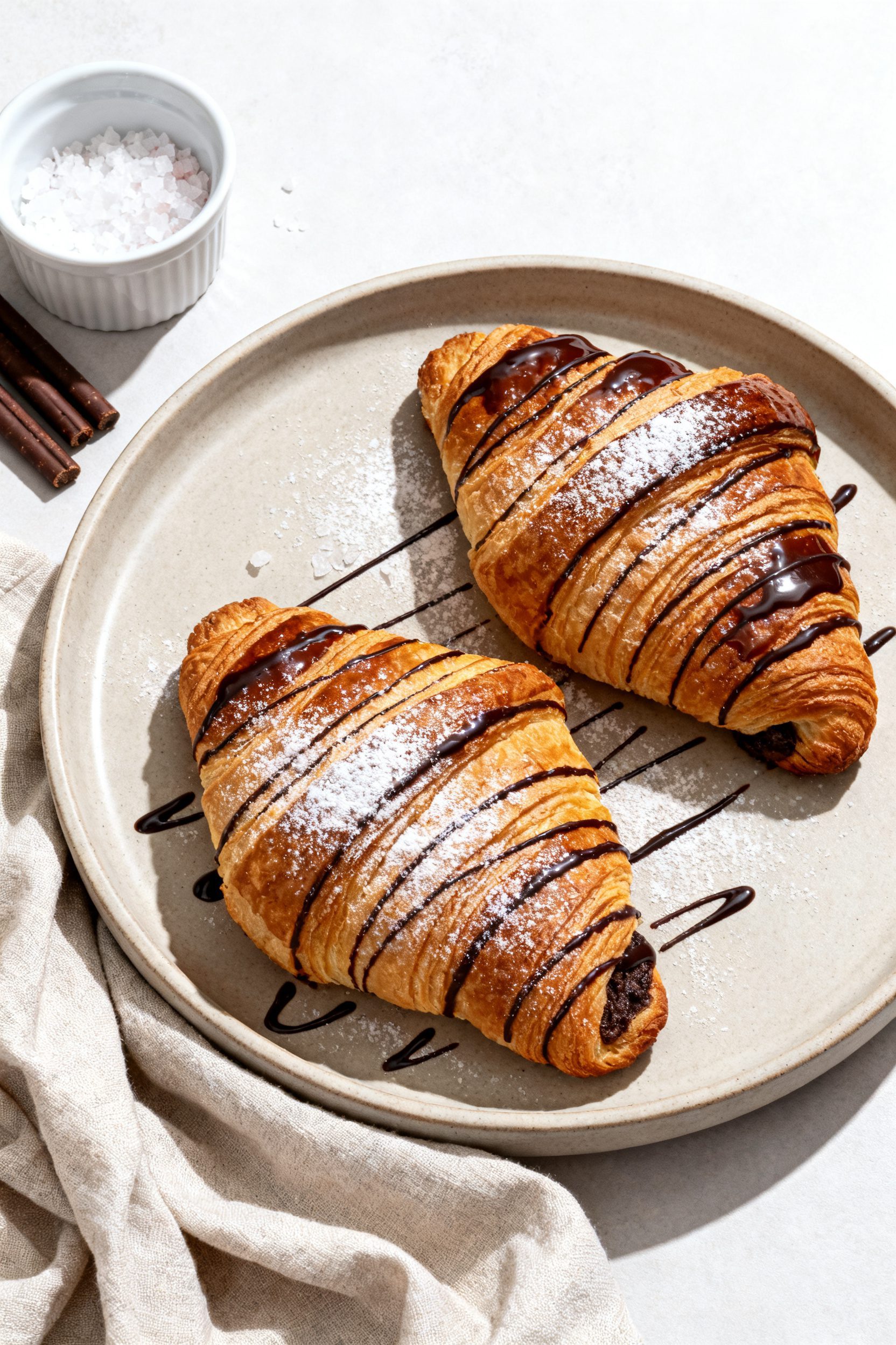 Final plated presentation: two bakery-style pain au chocolat on a neutral ceramic plate, lightly dus