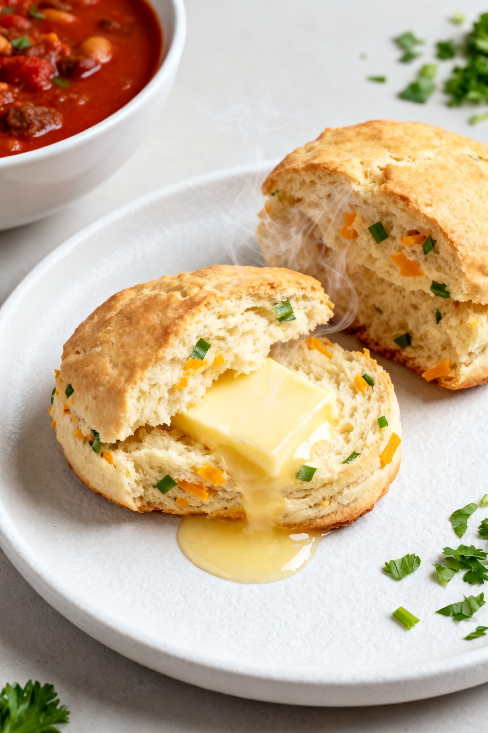 Final plated presentation: two split-open cheese biscuits on a matte white plate, interiors steaming