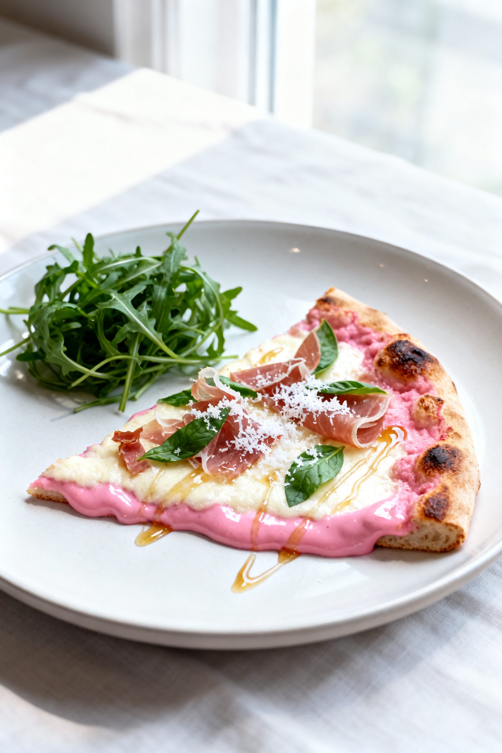 Final plated, restaurant-quality: A single slice of Air Fryer Pink Pizza plated on a matte white rim