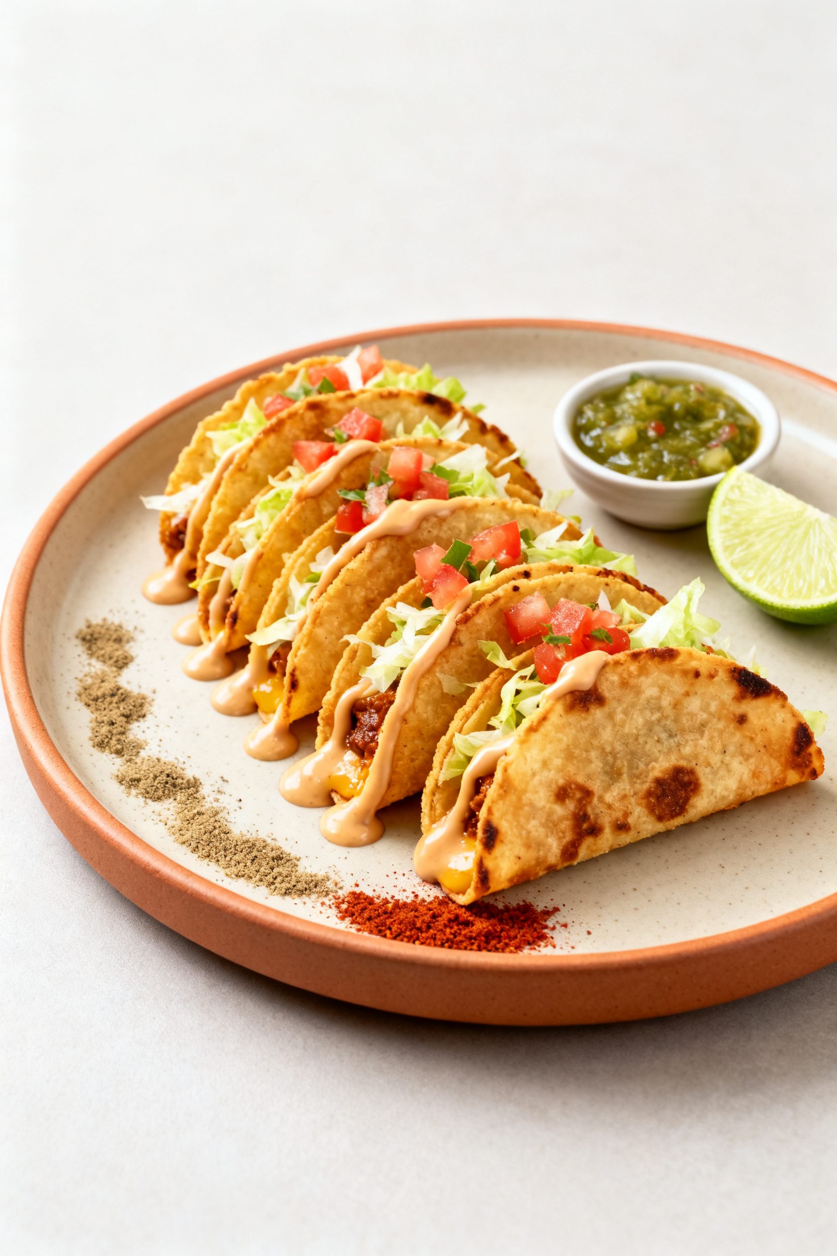 Final plated restaurant-quality presentation: A warm ceramic plate with a neat fan of ultra-crispy m