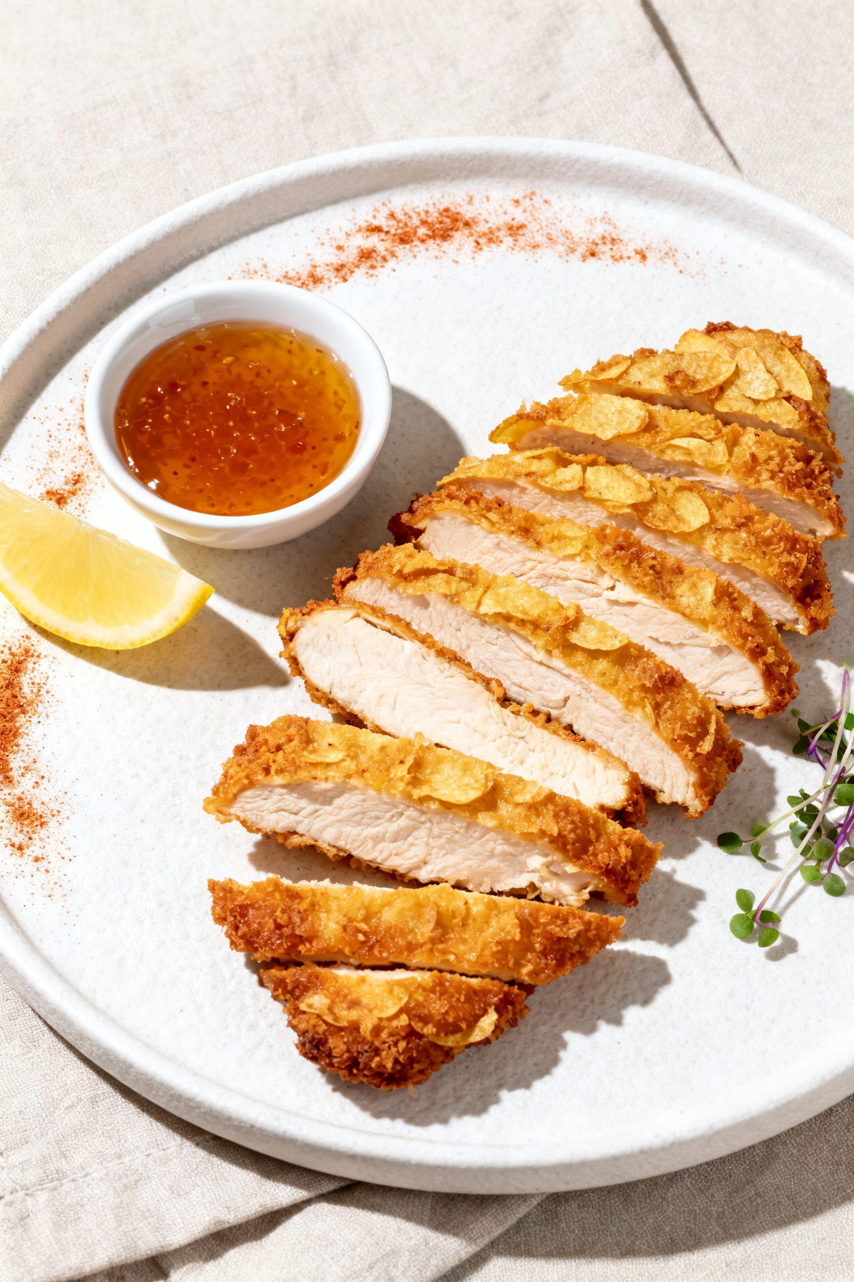 Final plated restaurant-quality presentation: sliced potato chip chicken cutlet fanned on a matte wh