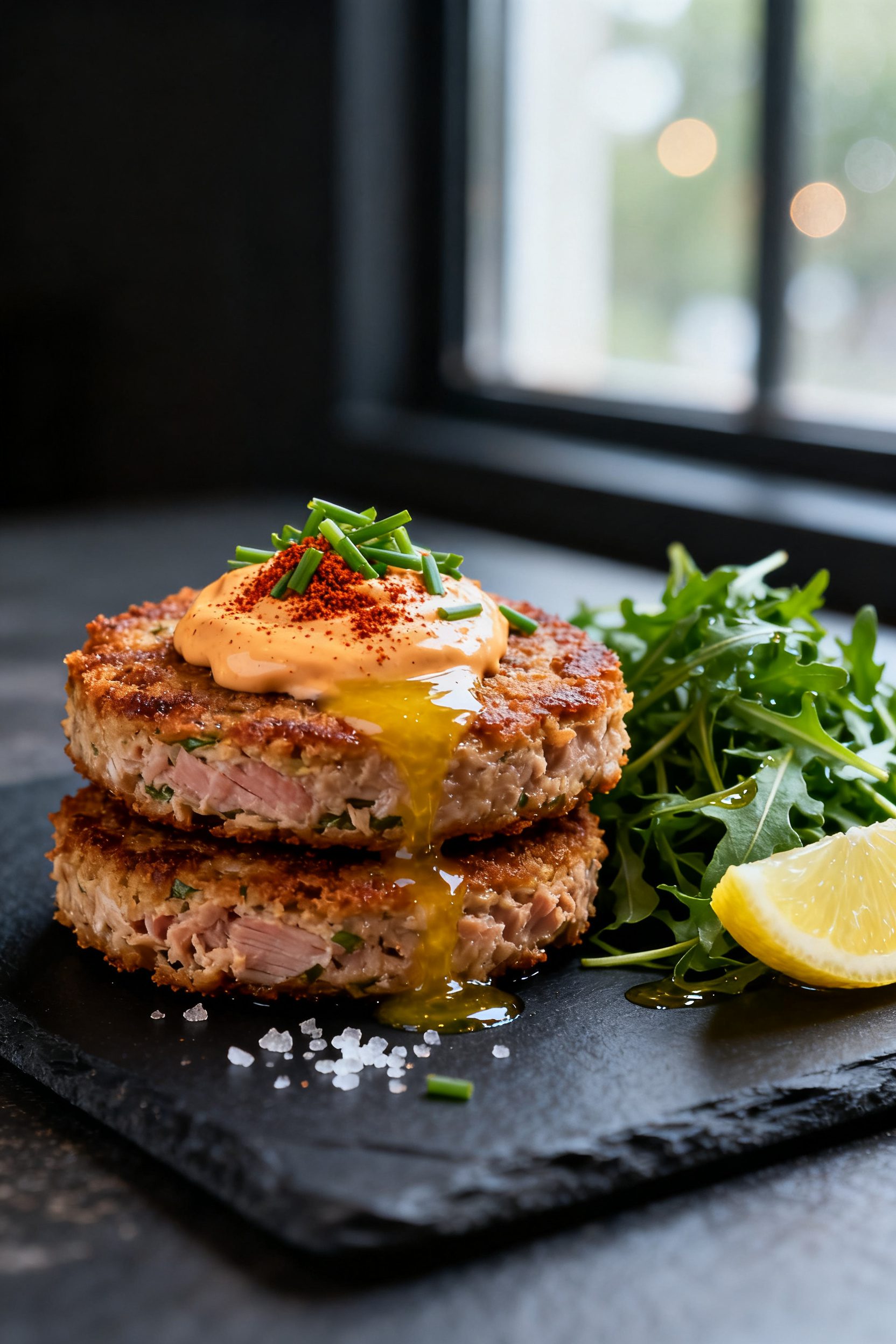 Final plated restaurant-quality presentation: two crispy tuna patties stacked slightly offset on a d