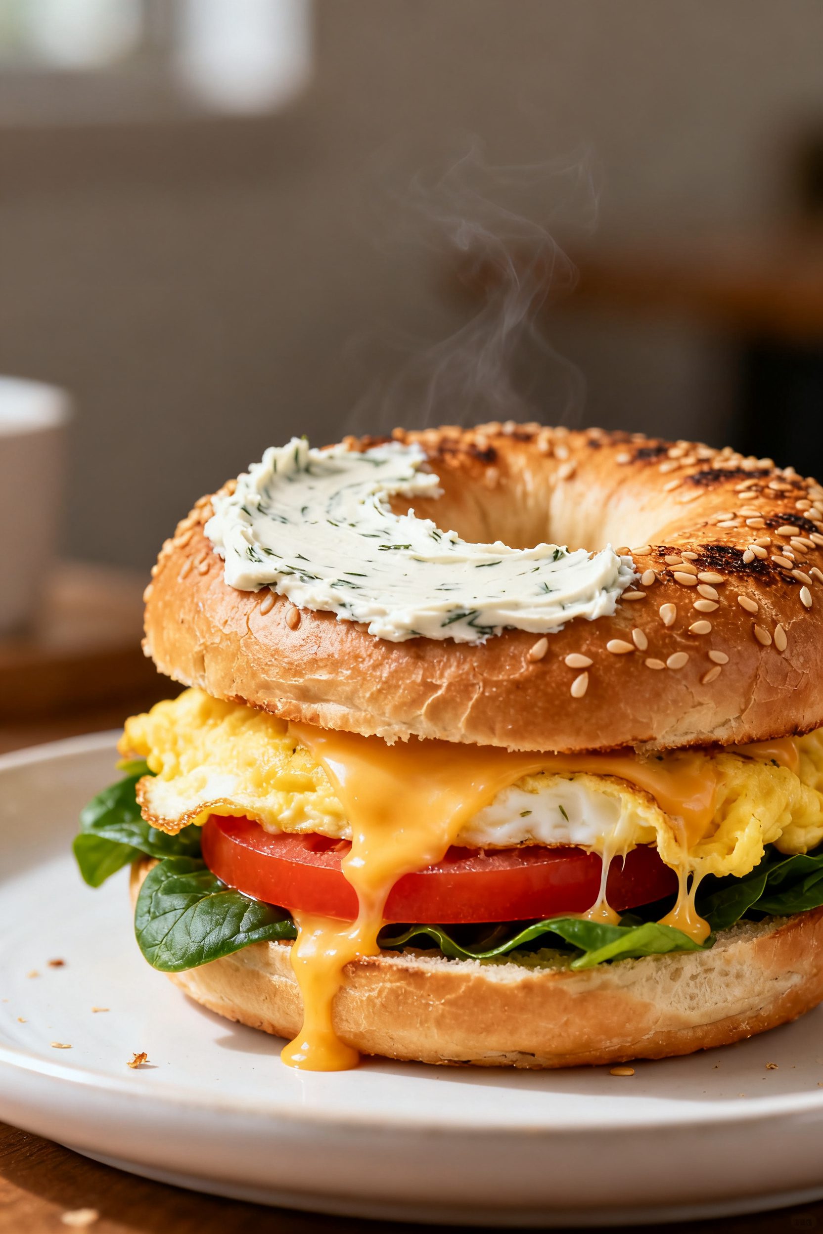 Final plated sandwich beauty: Stacked breakfast bagel sandwich—sesame bagel top lightly toasted an