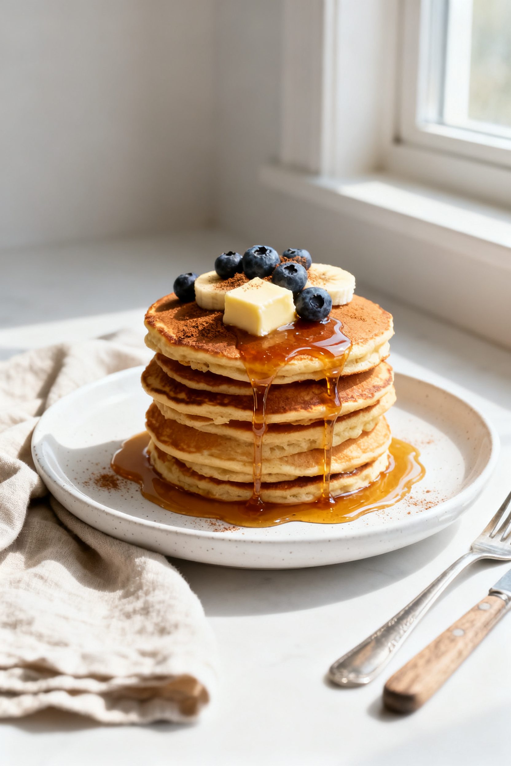 Final plated stack beauty shot: Tall stack of air-fried pancakes on a white ceramic plate, pat of me