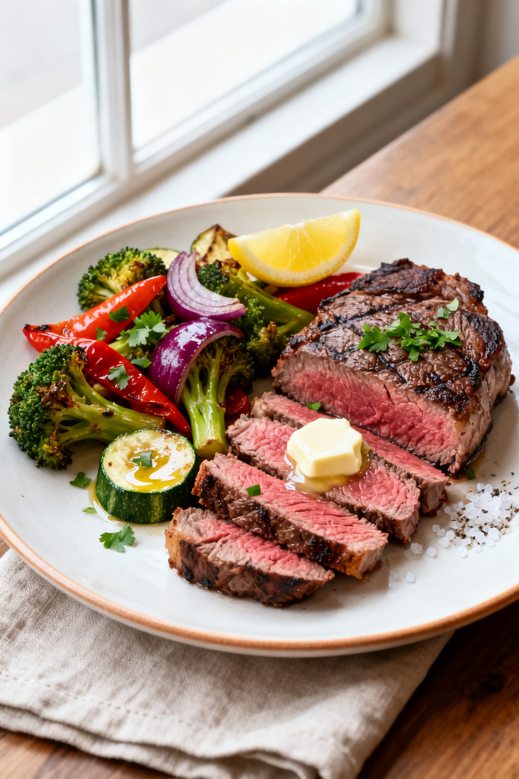 Final plated steak and veggies: Medium-rare sirloin sliced against the grain into 1/4-inch slices, r