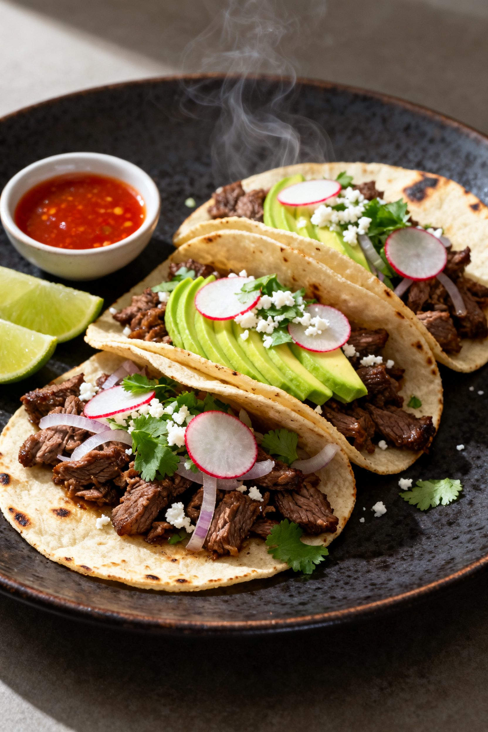 Final plated tacos, three carne asada tacos arranged on a dark ceramic plate, tortillas lightly blis