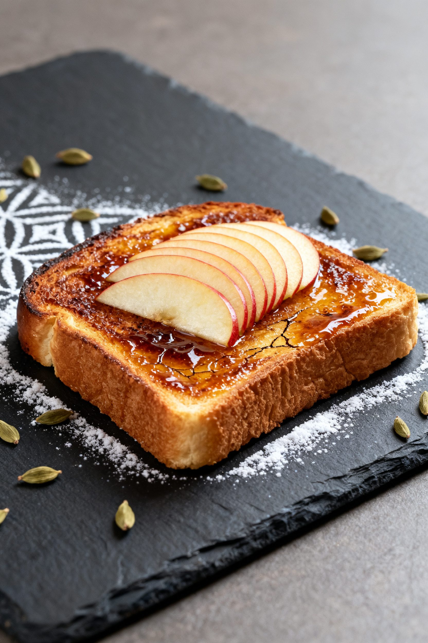 Final plated variation: cinnamon sugar “brûlée” toast on thick-cut brioche, presented on a cha