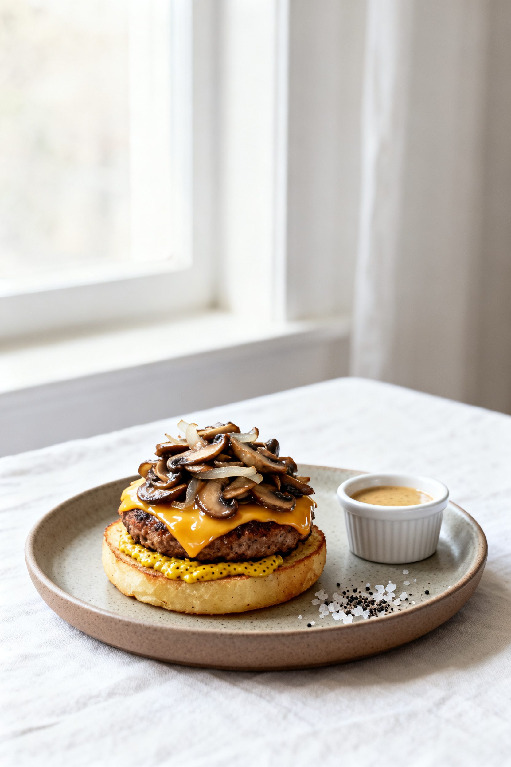 Final plated variation: Restaurant-quality Mushroom Swiss burger presentation—air-fried patty crow
