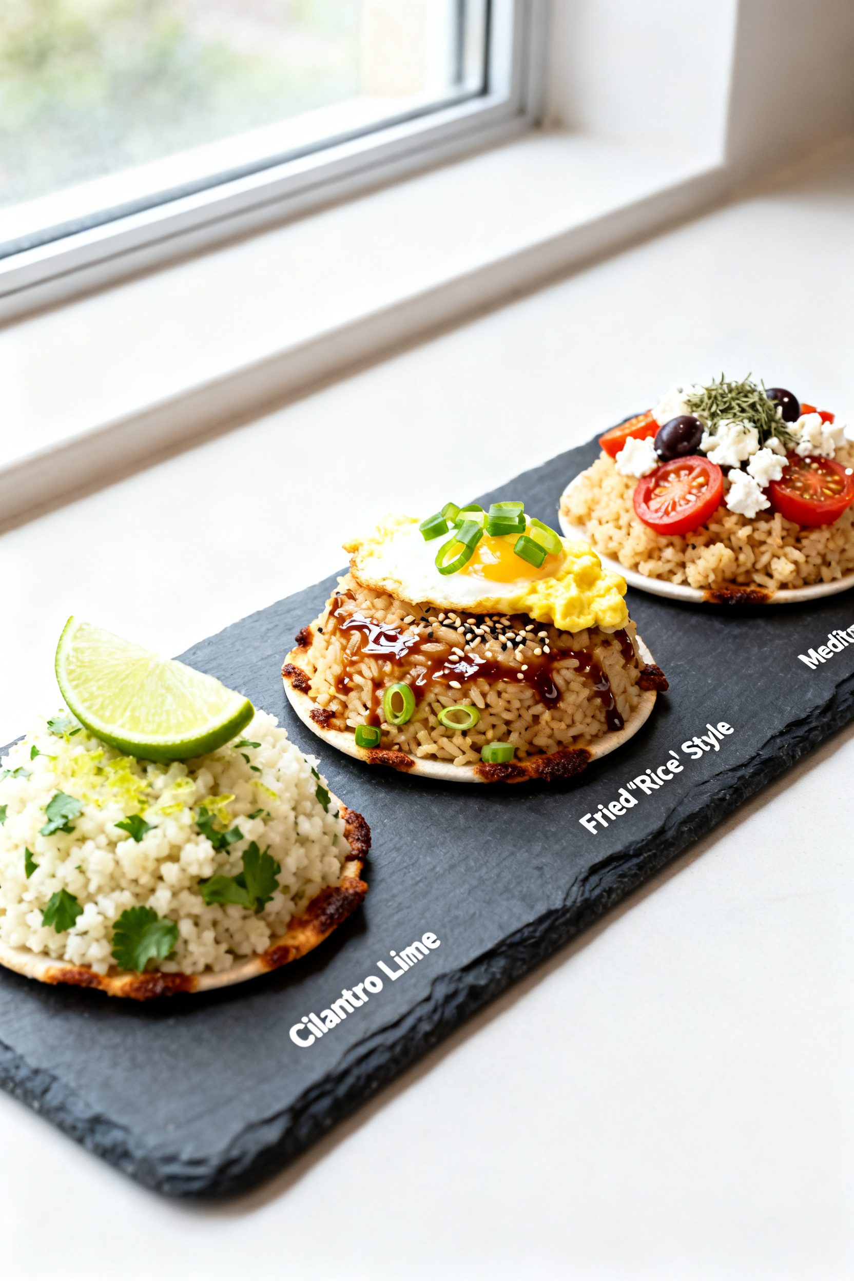 Final plated variation, restaurant-quality: Three small plates showcasing variations for visual vari