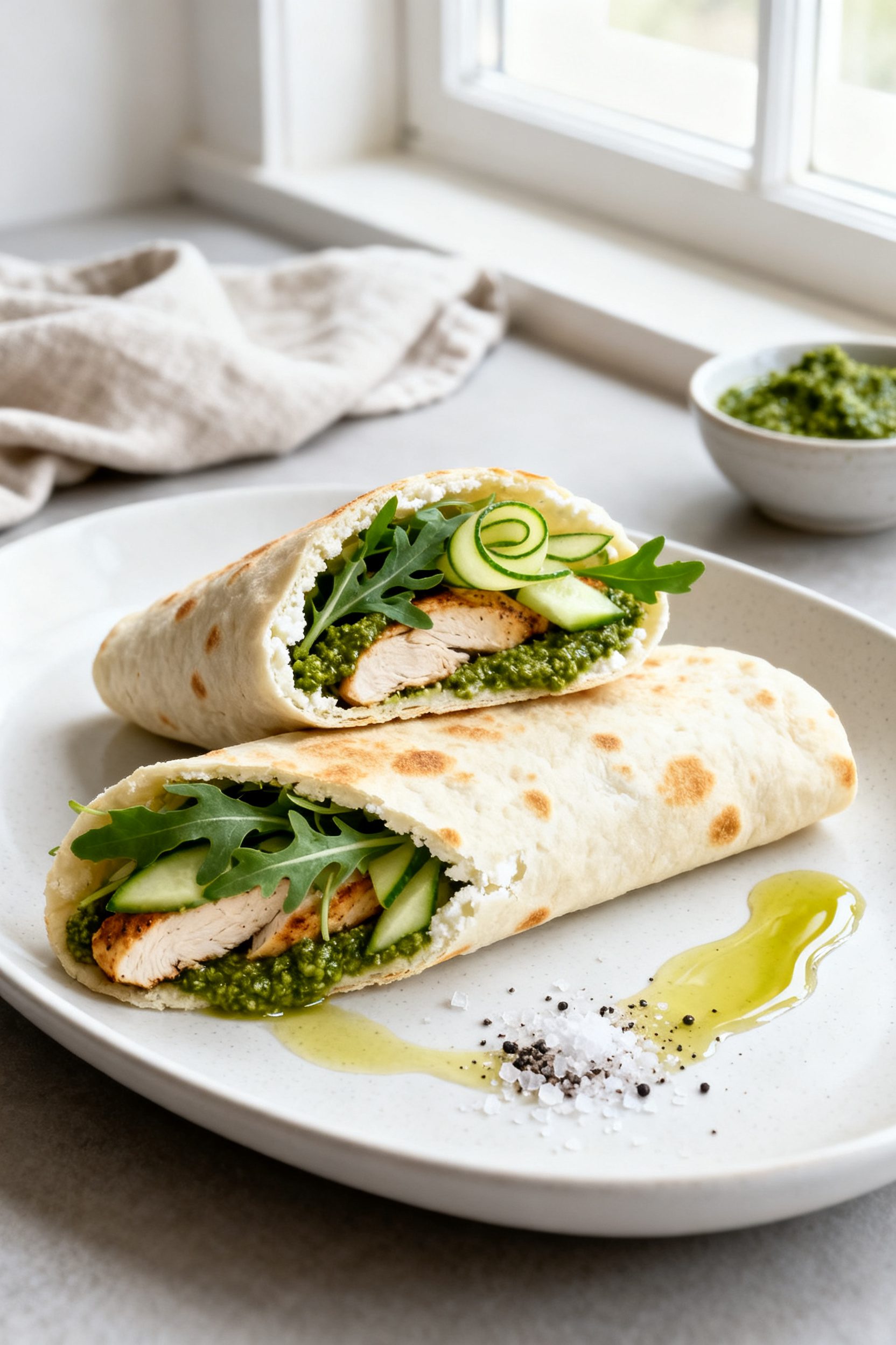 Final plated wrap: Beautifully plated high-protein cottage cheese flatbread used as a savory wrap—
