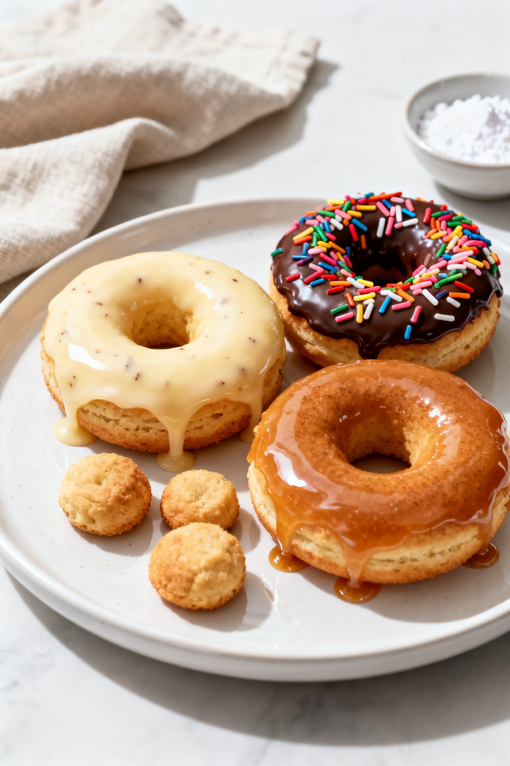 Final presentation beauty: Plated assortment of glazed biscuit donuts—glossy classic vanilla glaze