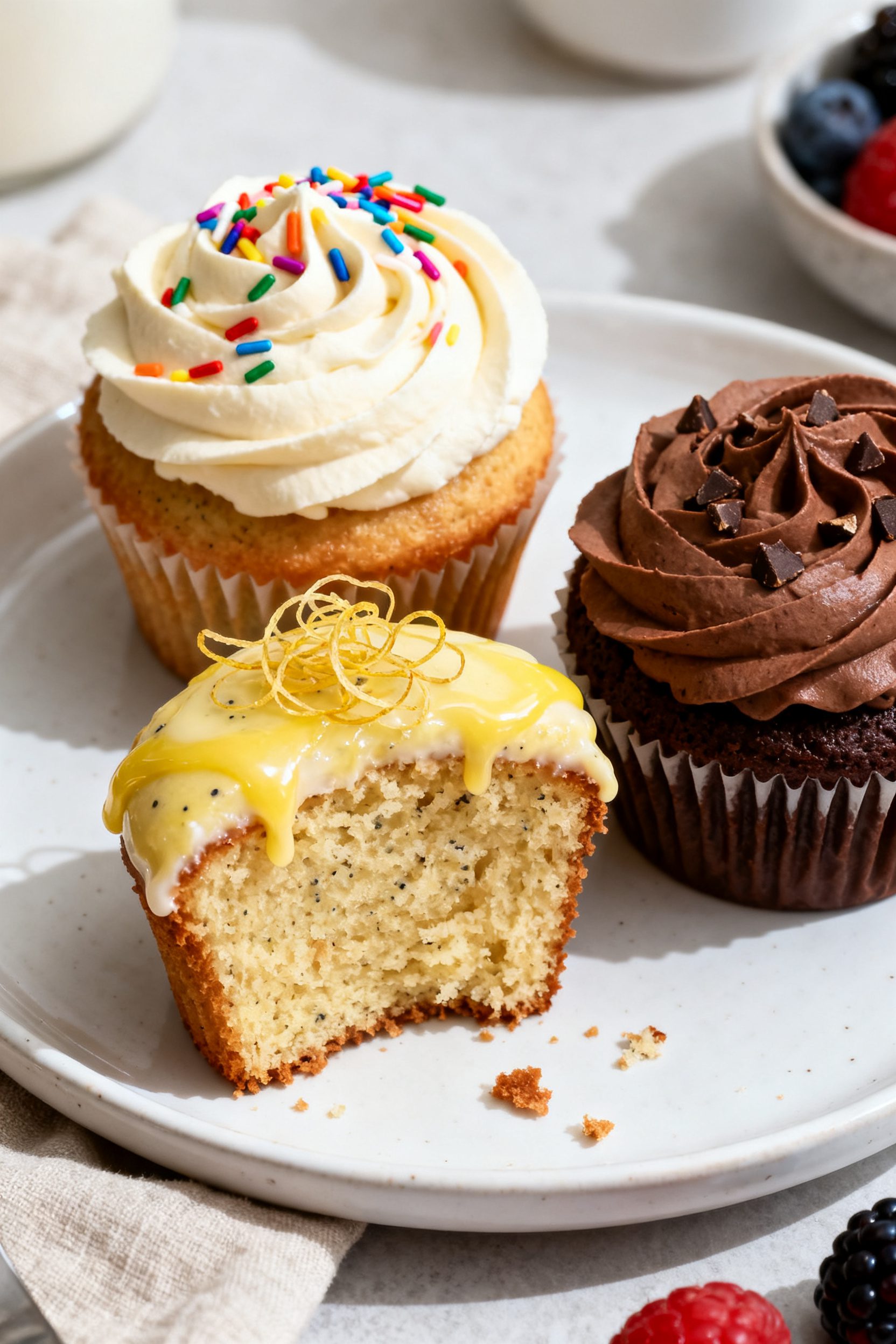 Final presentation beauty: Plated trio of frosted air fryer cupcakes on a white ceramic plate—one 