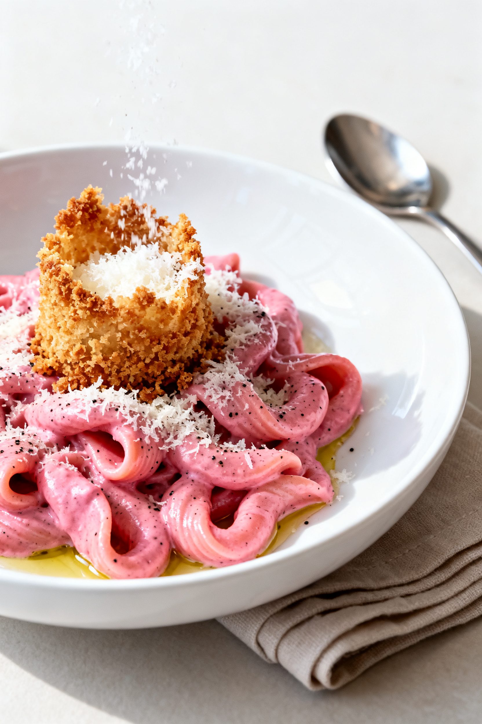 Final presentation: Restaurant-quality plate-up of the Air Fryer Pink Mac and Cheese served in a sha