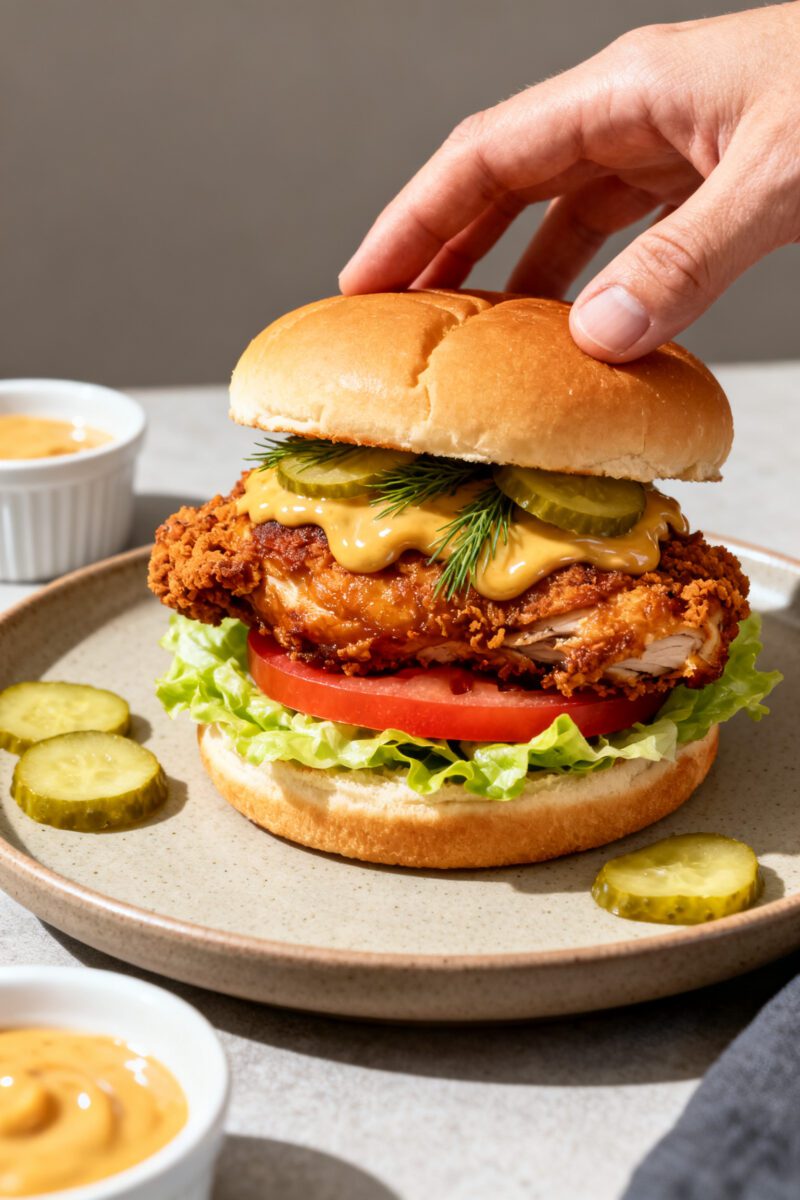 Final sandwich beauty shot: Air Fryer Chicken Thigh Sandwich stacked on a lightly toasted brioche bu