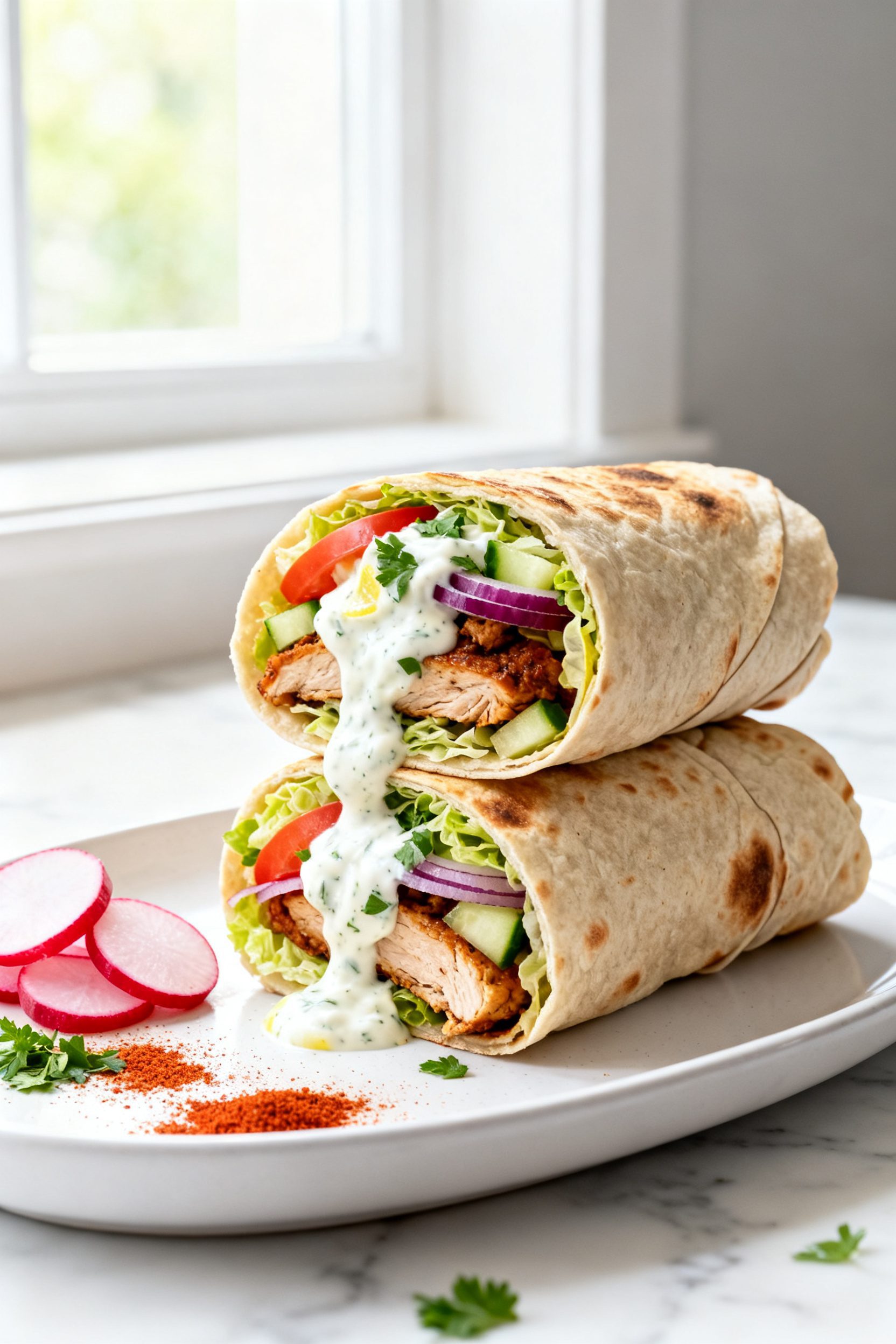 Final wrap beauty shot: Air Fryer Chicken Shawarma Wrap sliced in half and stacked, cross-section fa