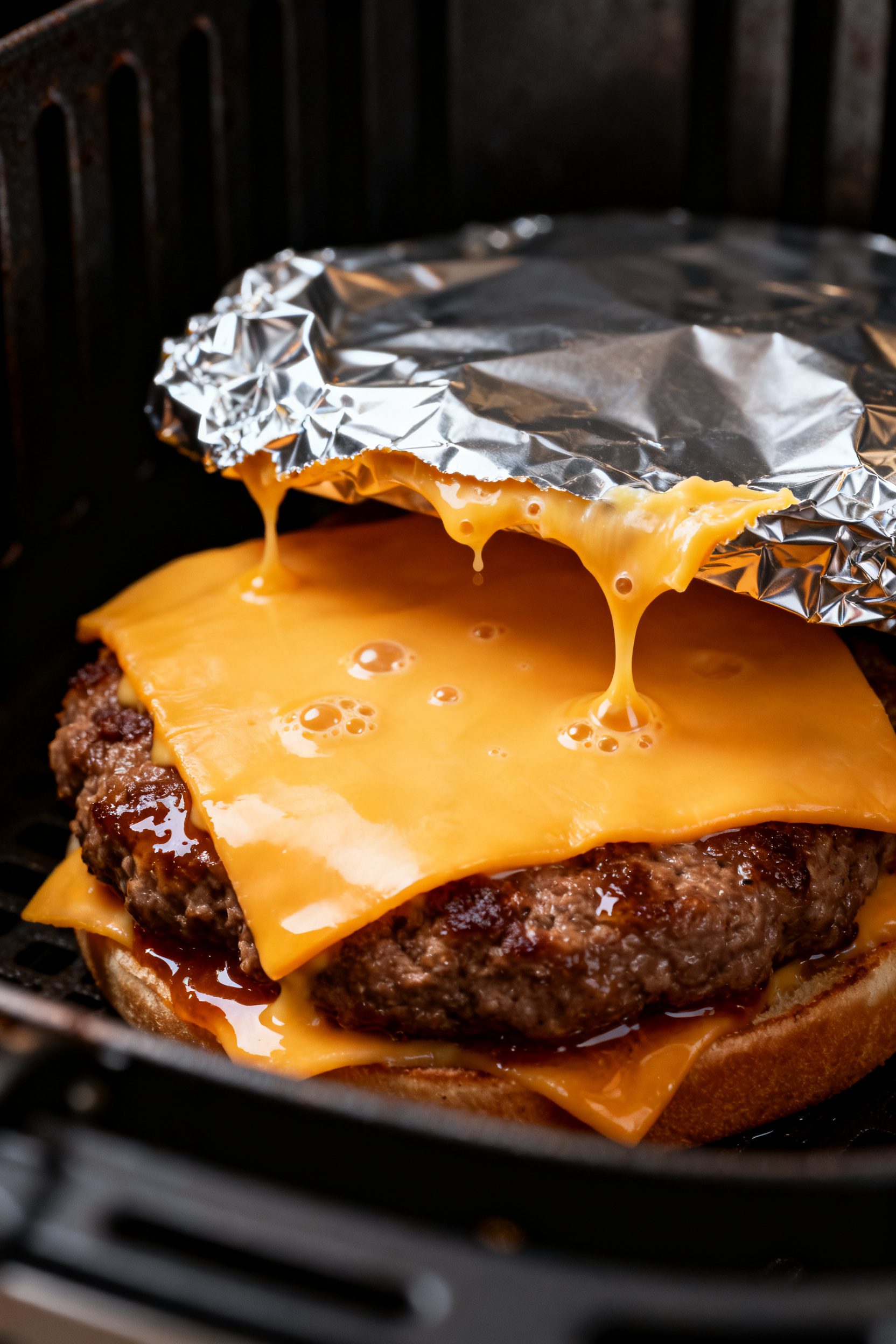 Melt moment detail shot: Tight macro of cheeseburgers in the air fryer right after adding cheese—A