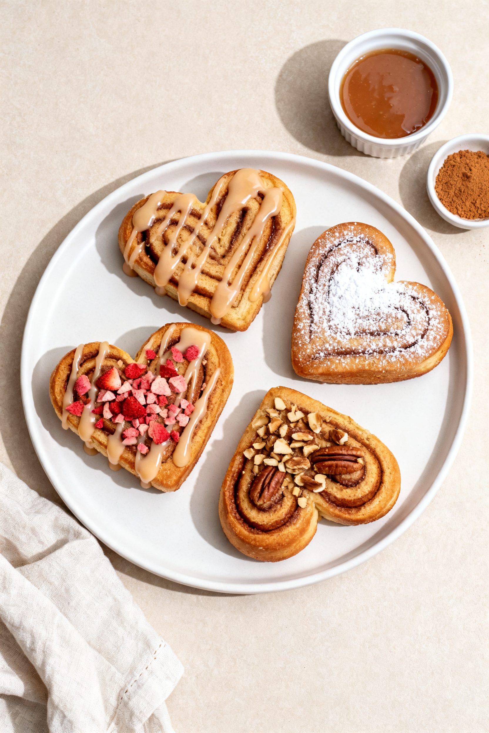 Overhead “tasty top view”: A small batch of 3–4 heart-shaped cinnamon rolls arranged with spac