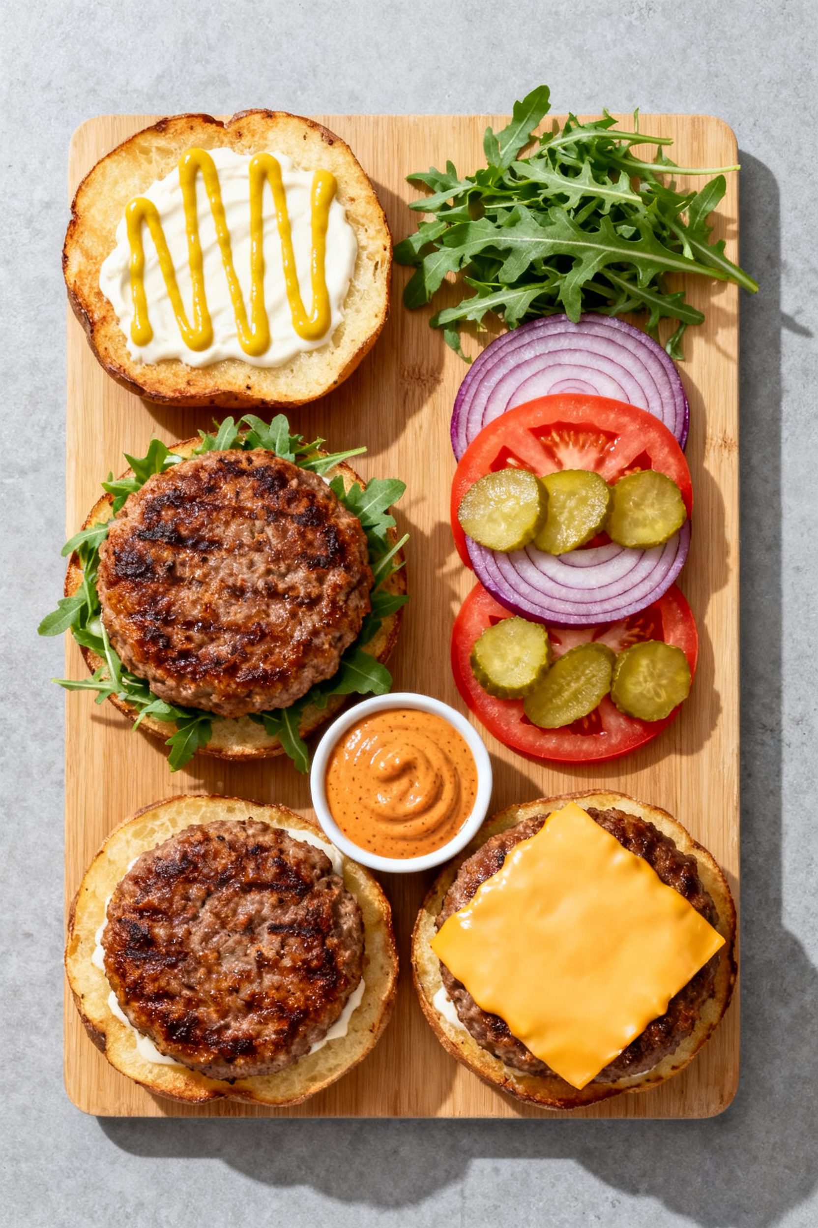 Overhead assembly/top view: Tasty top-down shot of a build-your-own burger board featuring two air-f