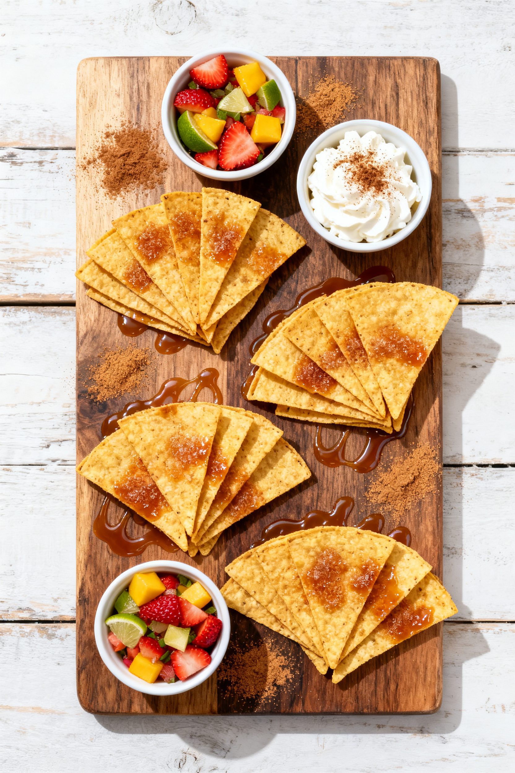 Overhead dessert board: of a rustic wooden board filled with evenly cut golden tortilla chips arrang