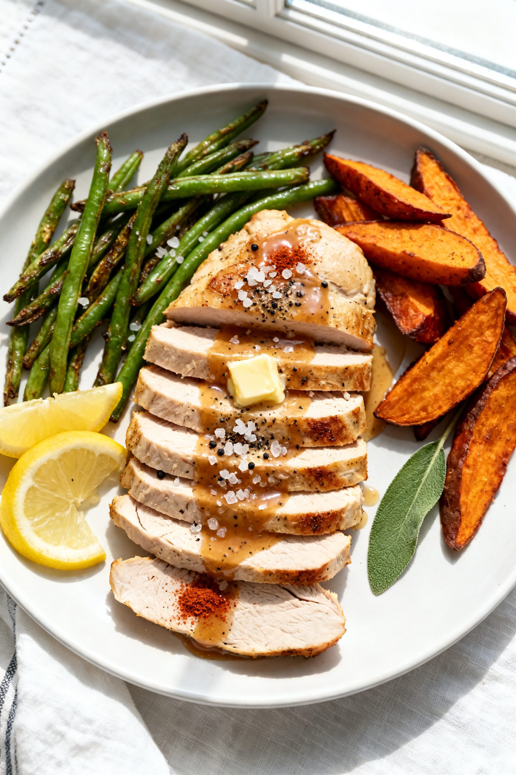 Overhead final presentation: Restaurant-quality plate of air fryer turkey breast slices arranged in 