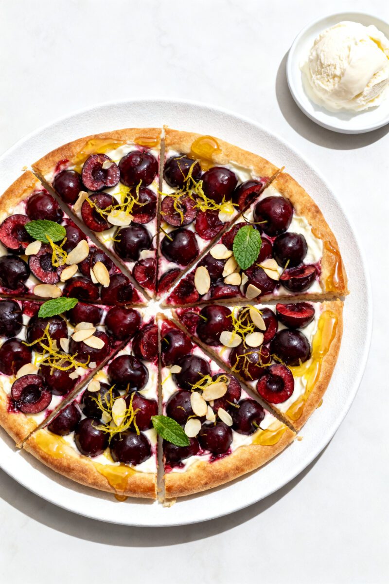 Overhead final presentation: Sliced air fryer cherry pizza on a matte white round plate, clean highl