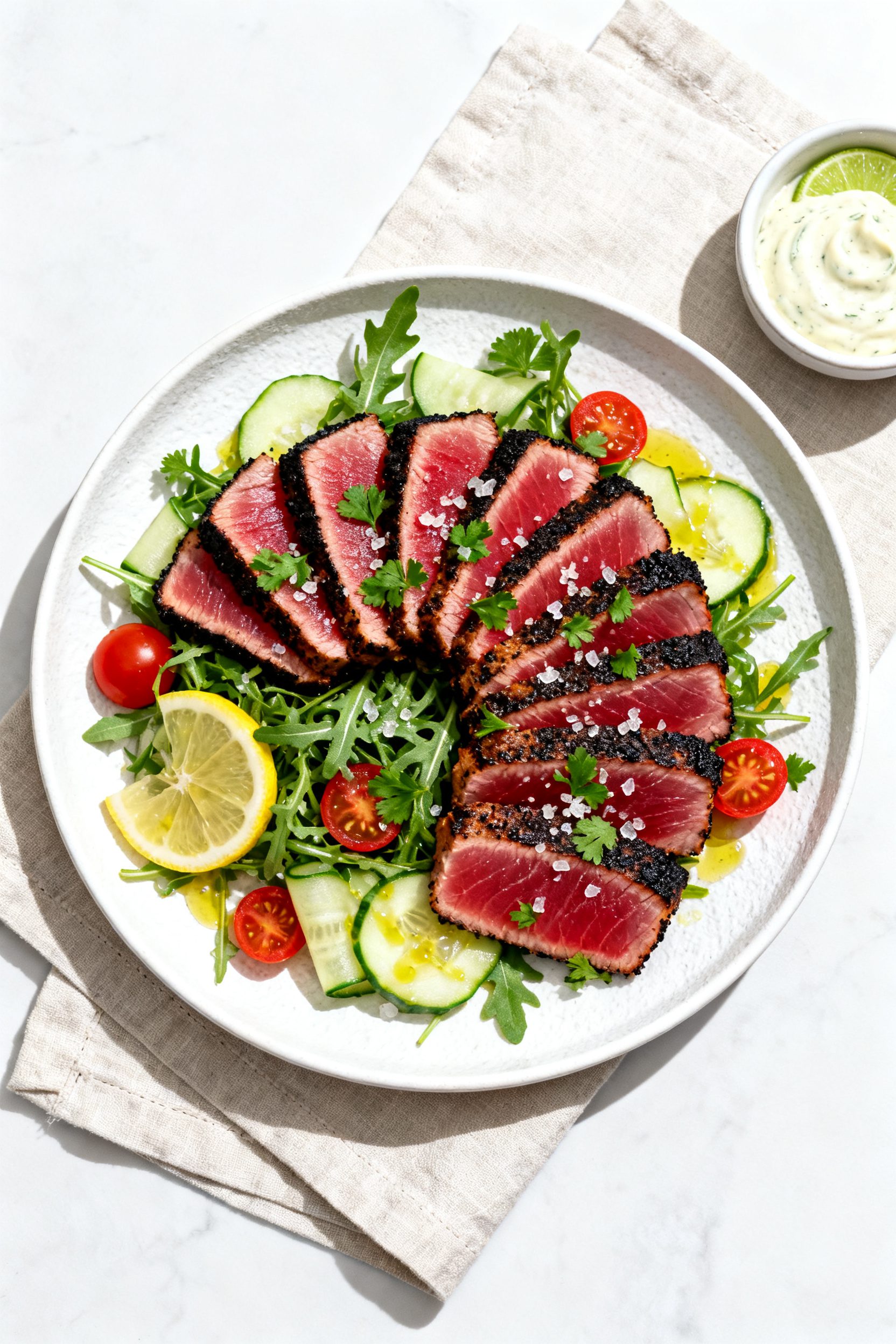Overhead final presentation: sliced blackened tuna fanned over a light arugula salad with shaved cuc