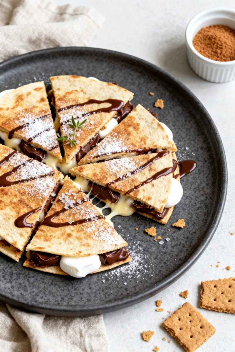 Overhead final presentation: S’mores quesadilla sliced into neat wedges on a matte charcoal plate,