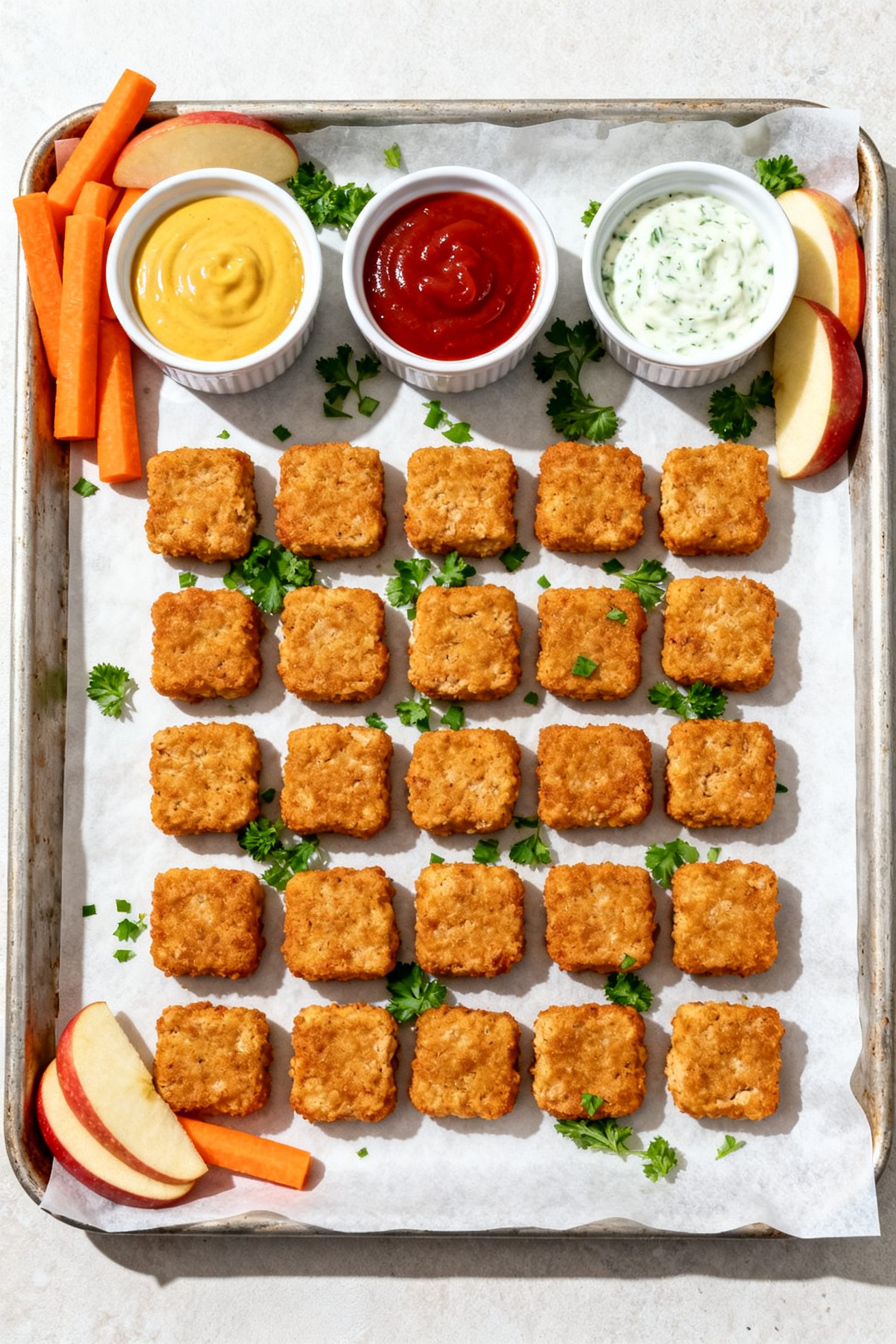 Overhead final presentation: Tasty top view of a parchment-lined tray with neatly spaced turkey nugg