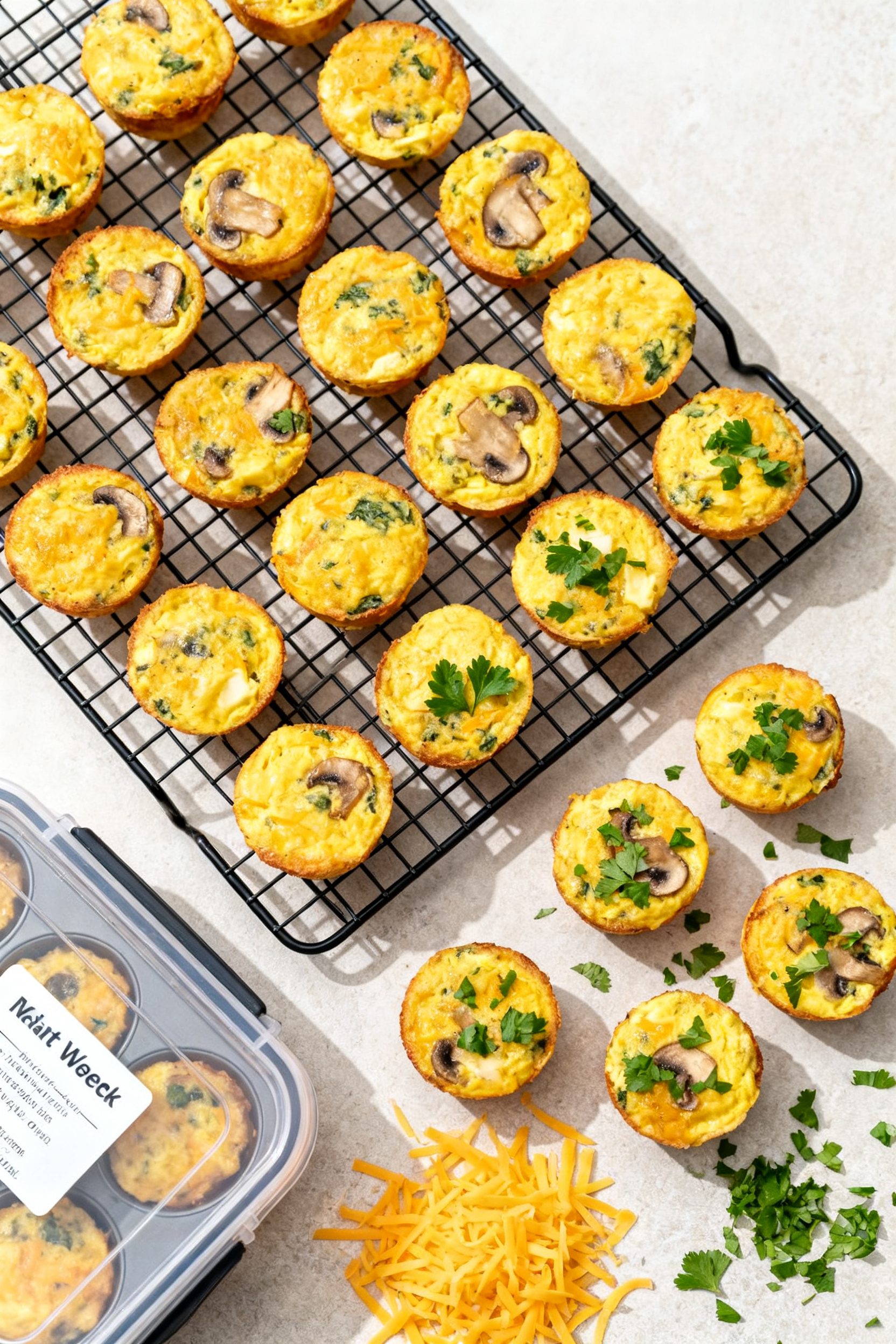 Overhead meal-prep scene: of a cooling rack with a neat grid of golden, fully cooked egg bites (ched