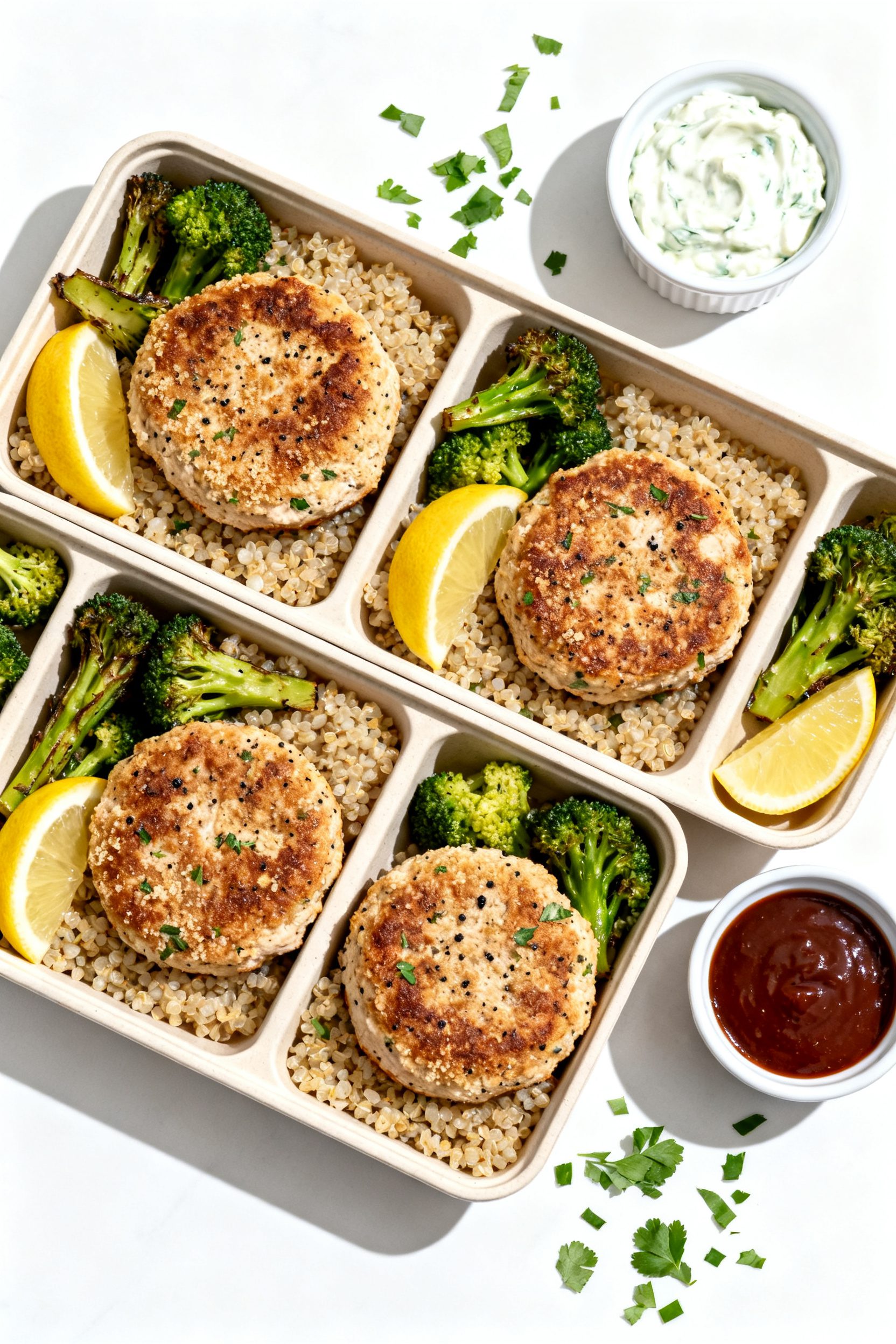Overhead meal-prep/top view: Tasty top-down shot of four cooked turkey patties arranged in a meal-pr