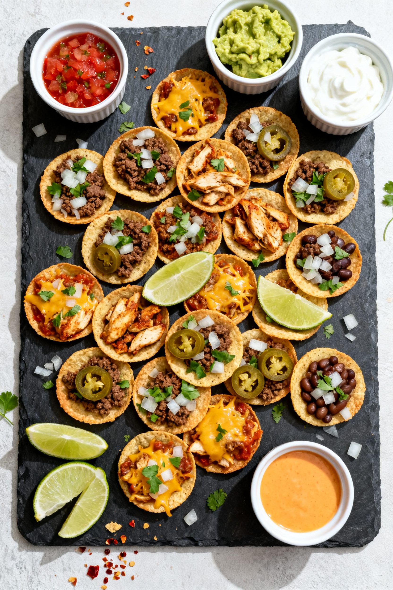 Overhead “party platter” top view: A large slate board loaded with assorted cooked mini tacos (b
