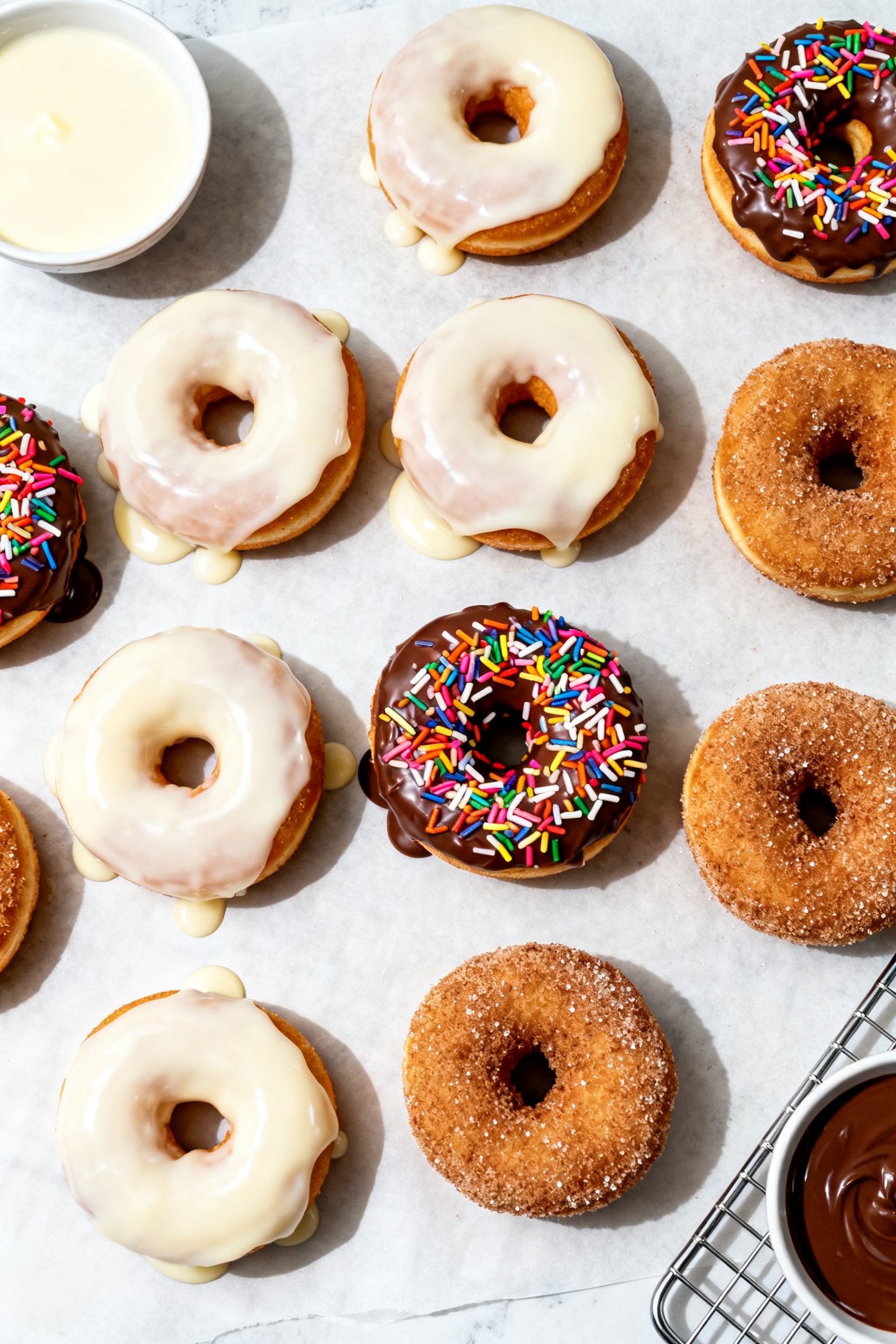 Overhead shot of a mixed topping spread: half the donuts dipped in glossy vanilla glaze (soft white,