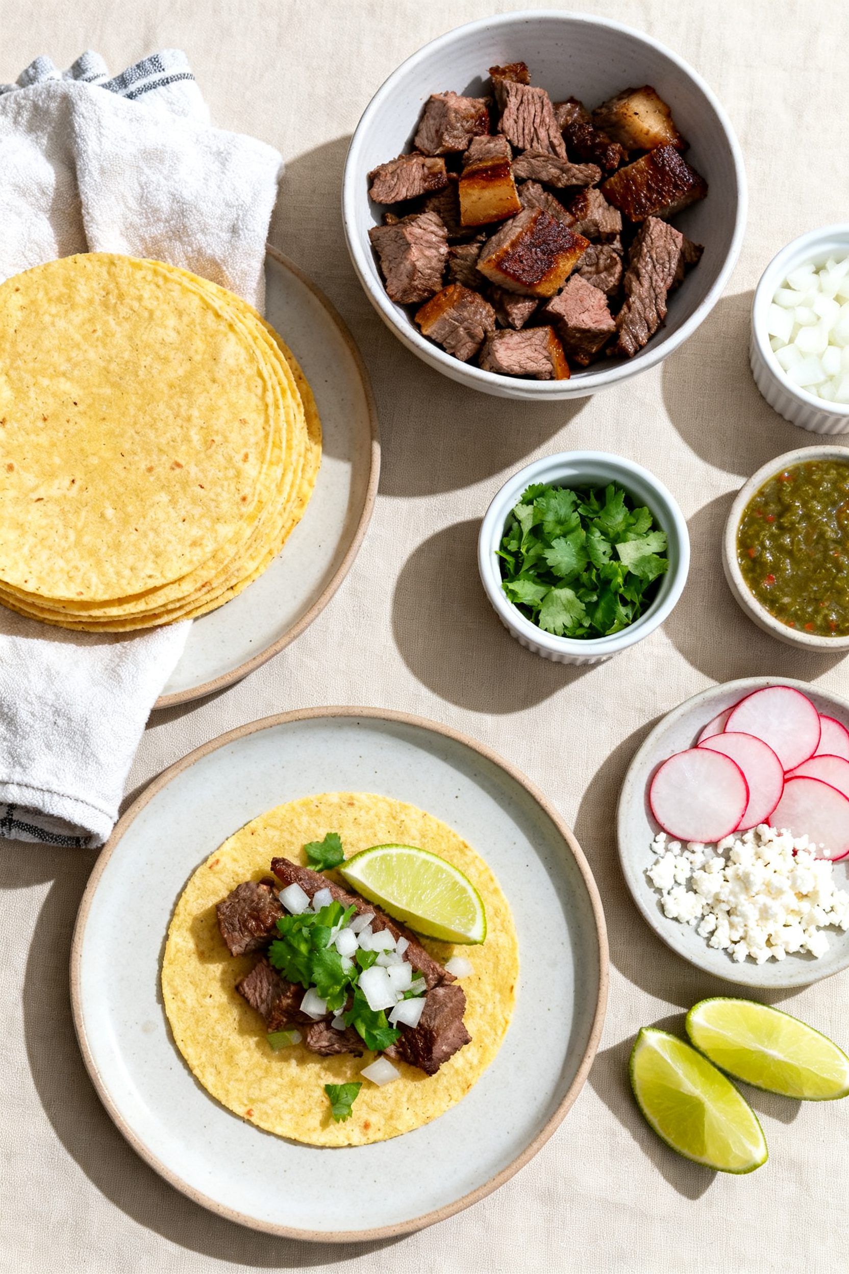 Overhead shot of a taco assembly scene: warm corn tortillas stacked in a towel, a bowl of chopped st