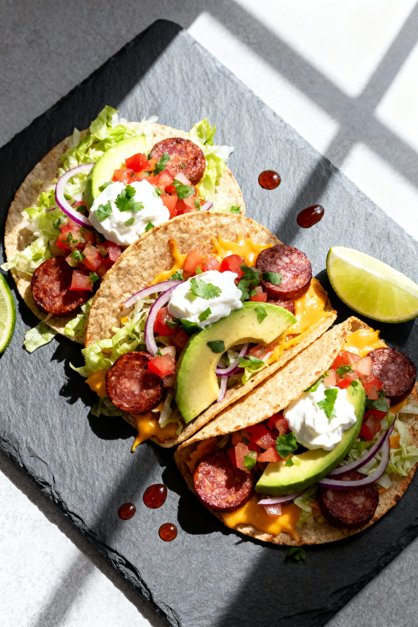 Overhead shot of assembled Air Fryer Salami Tacos, tostada- and taco-shaped mixed on a matte slate p